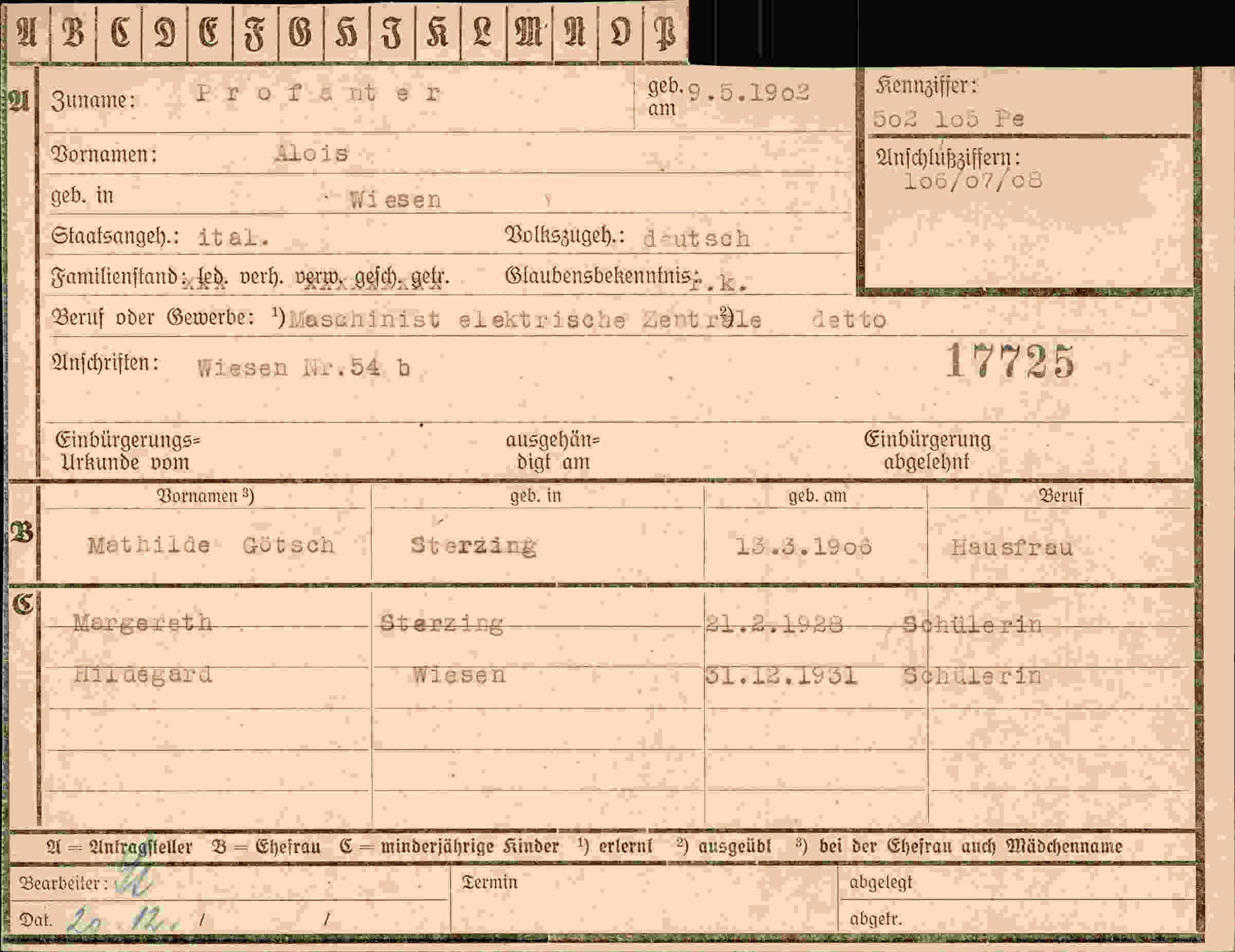 Dokument für Alois Profanter