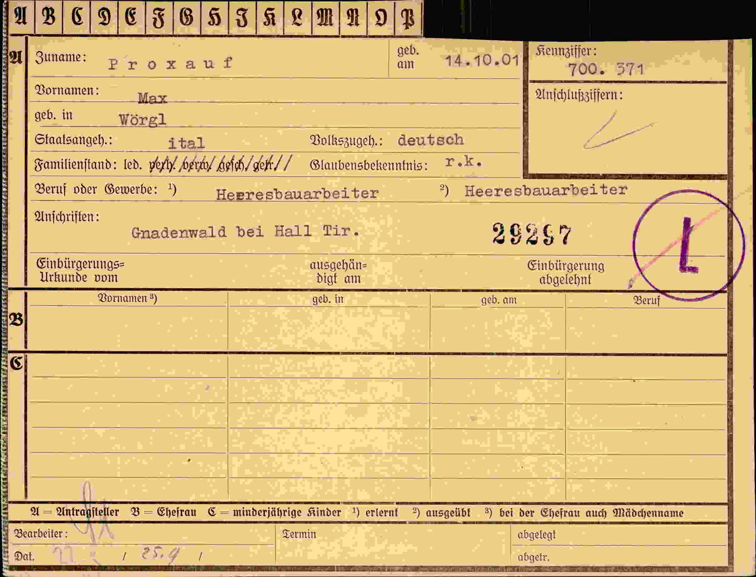 Dokument für Max Proxauf