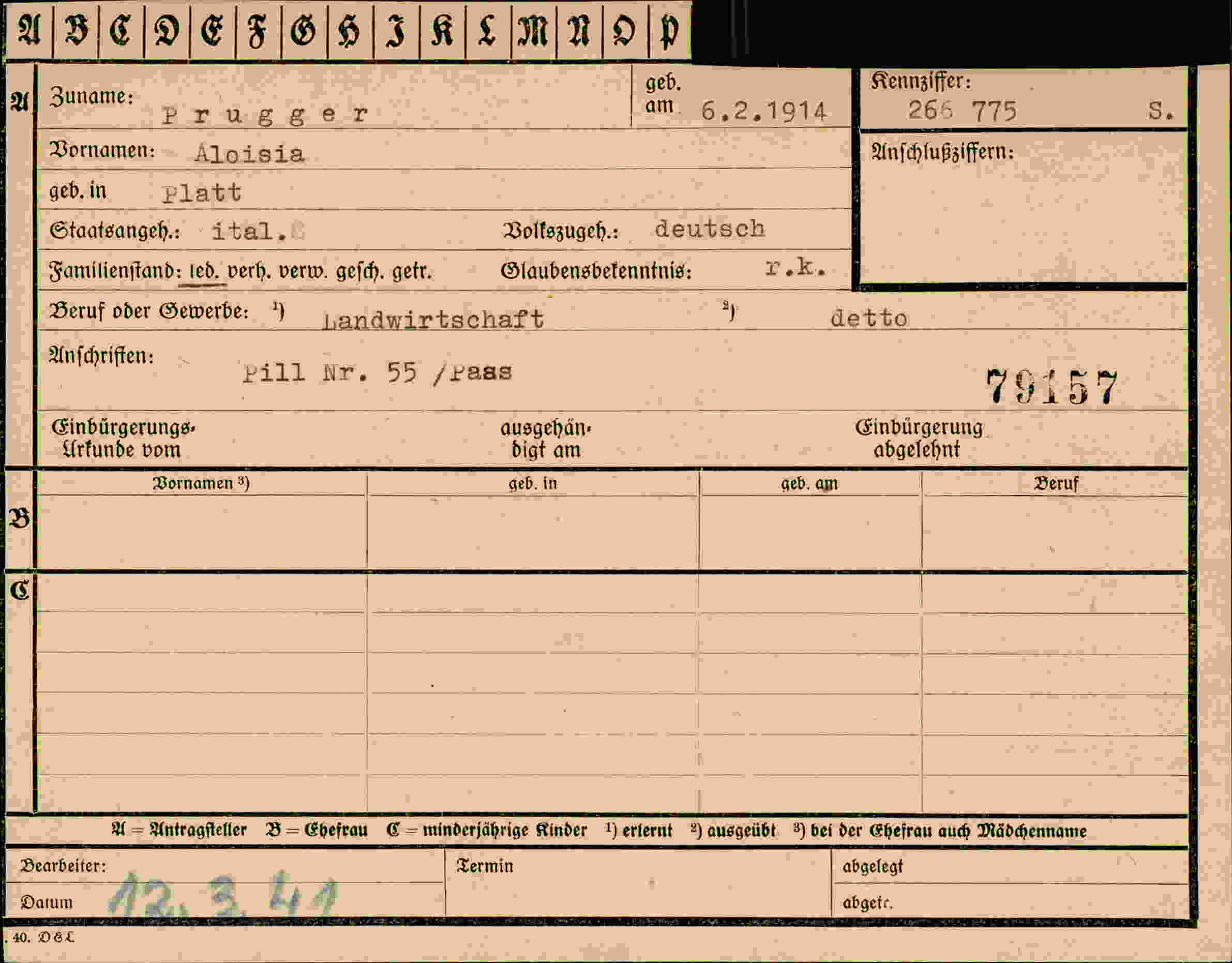 Dokument für Aloisia Prugger