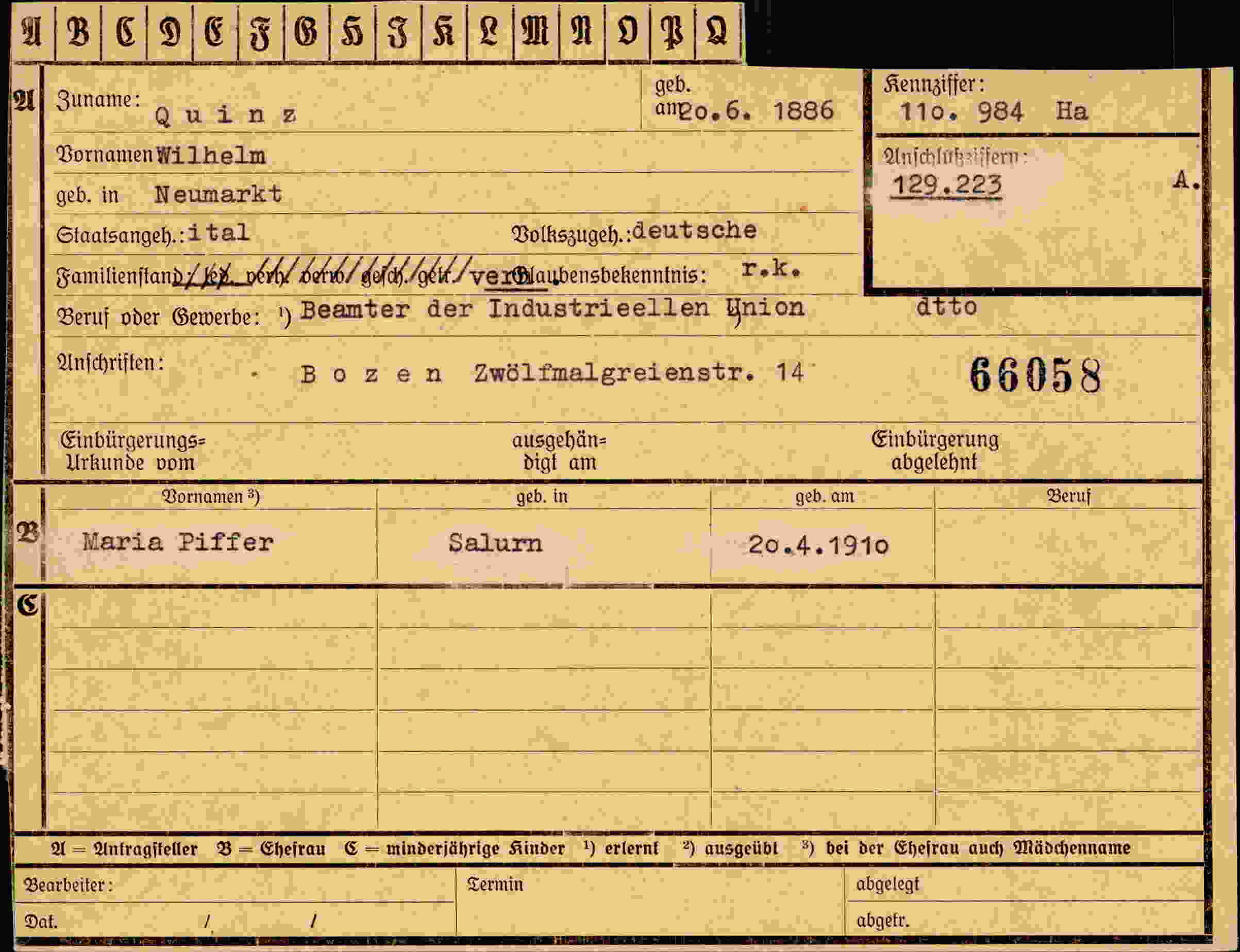 Dokument für Wilhelm Quinz