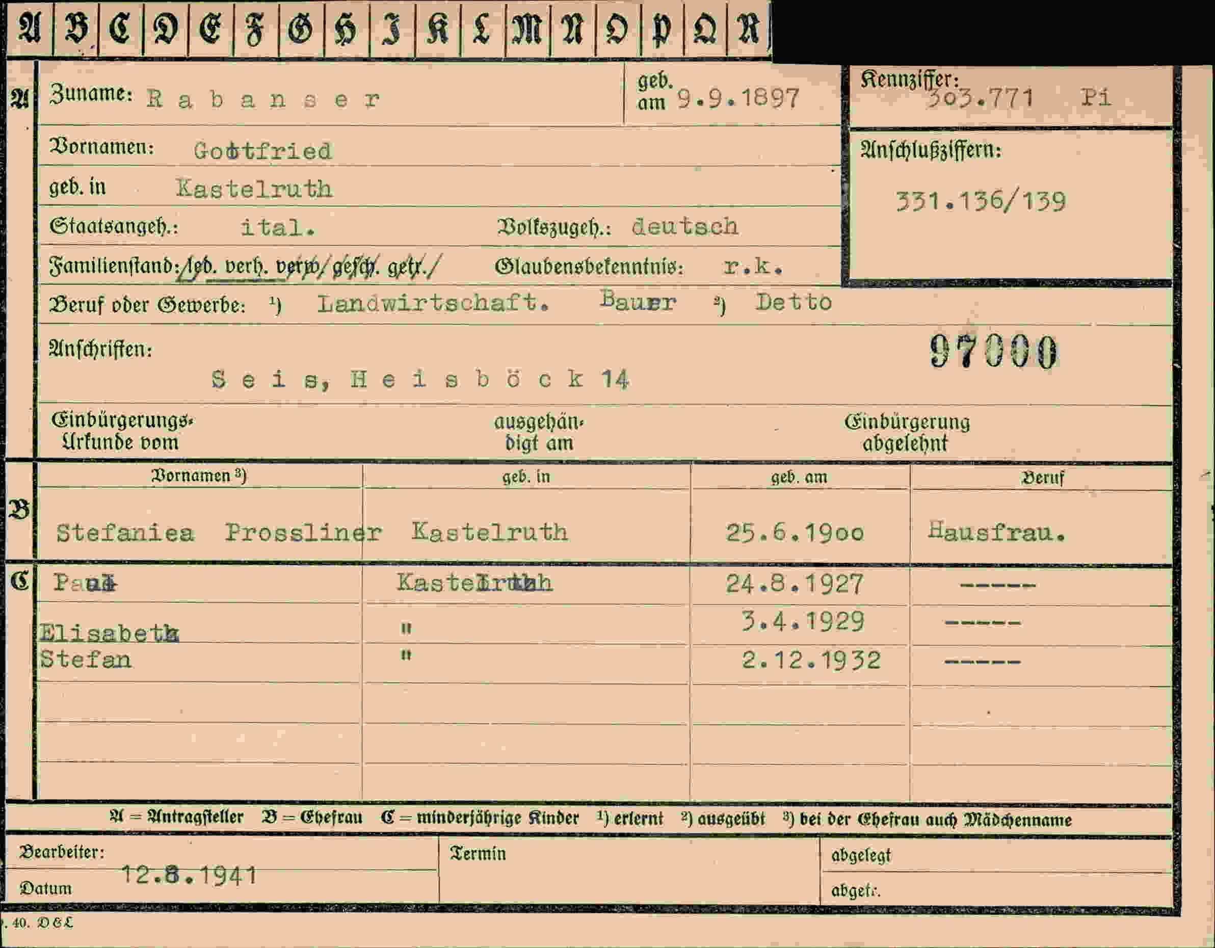 Dokument für Gottfried Rabanser