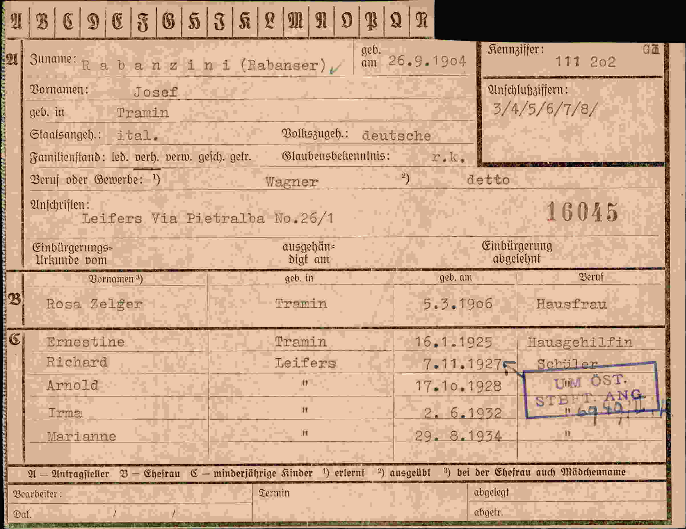 Dokument für Josef Rabanzini