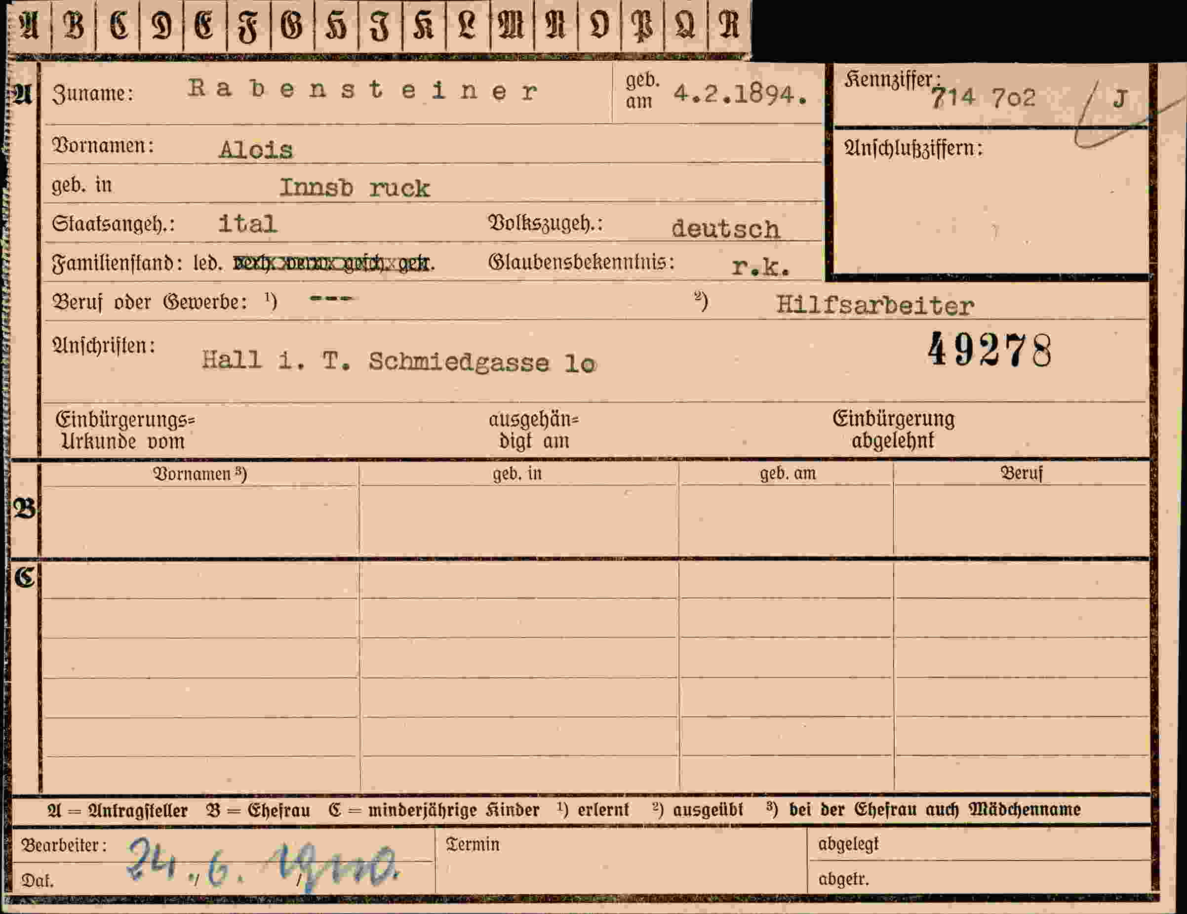 Dokument für Alois Rabensteiner