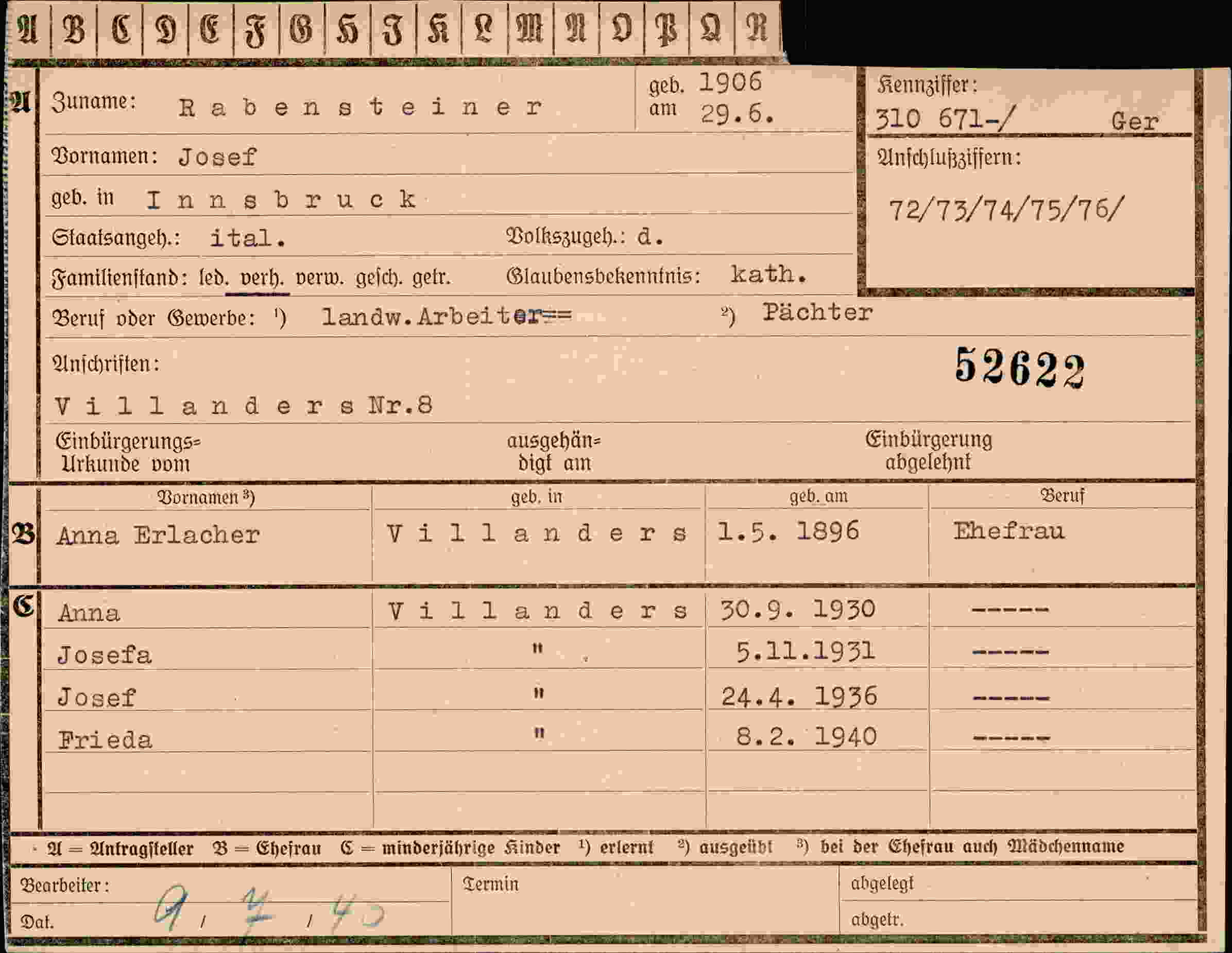 Dokument für Josef Rabensteiner