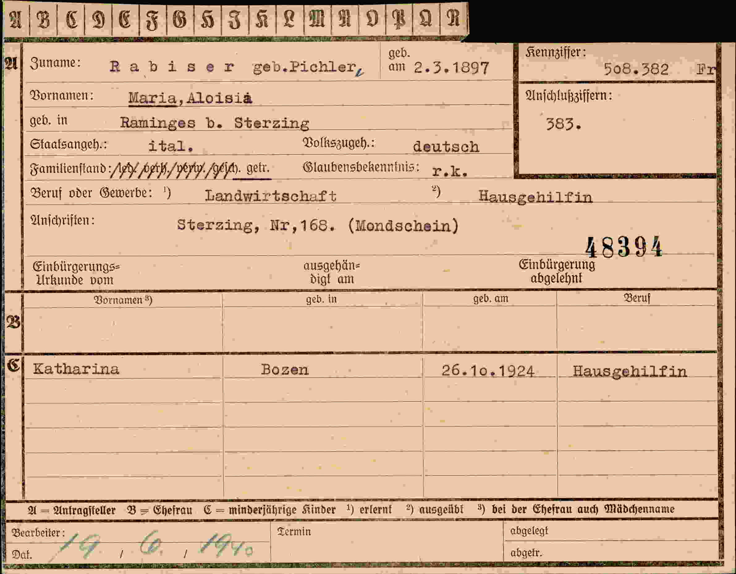 Dokument für Maria Aloisia Rabiser