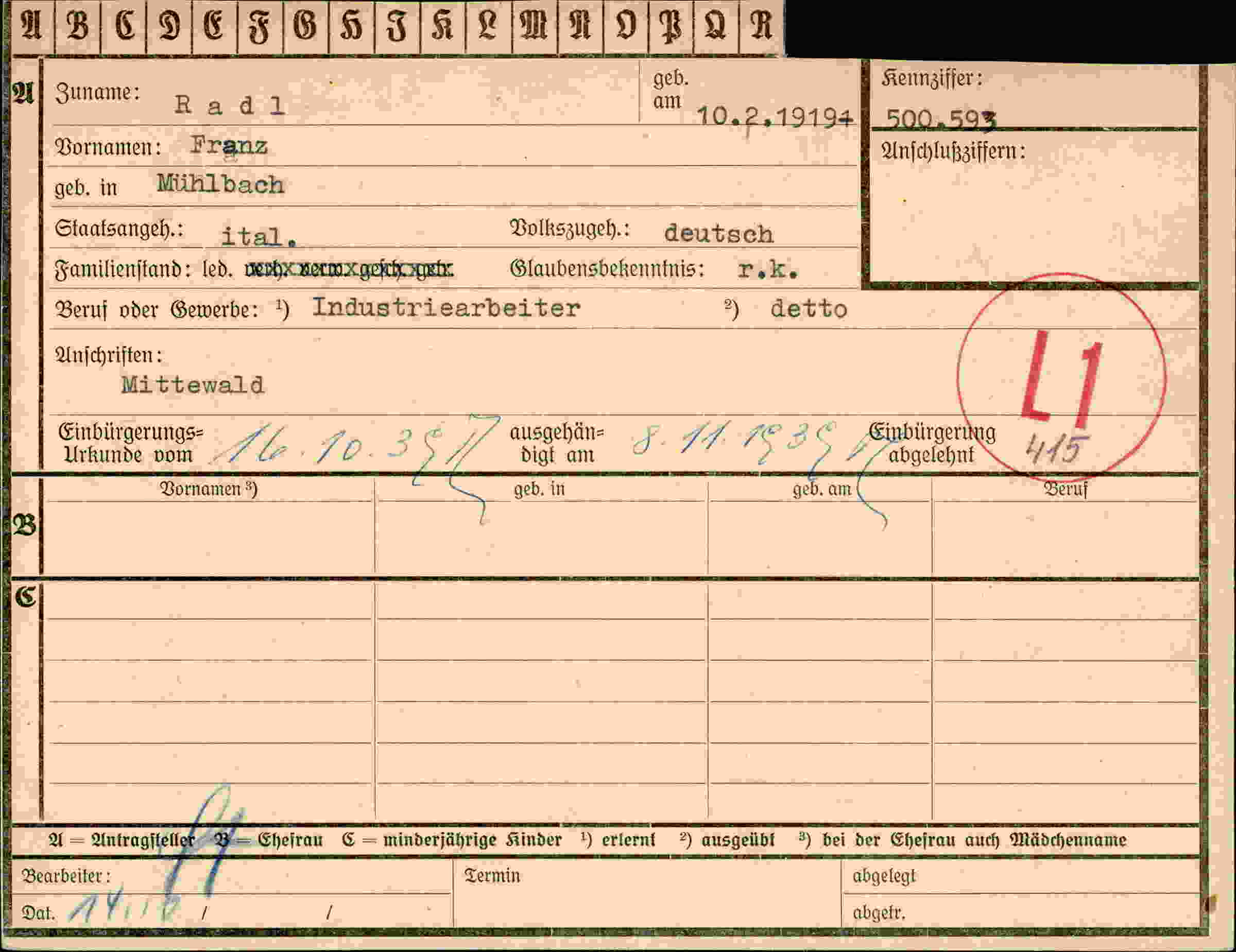 Dokument für Franz Radl