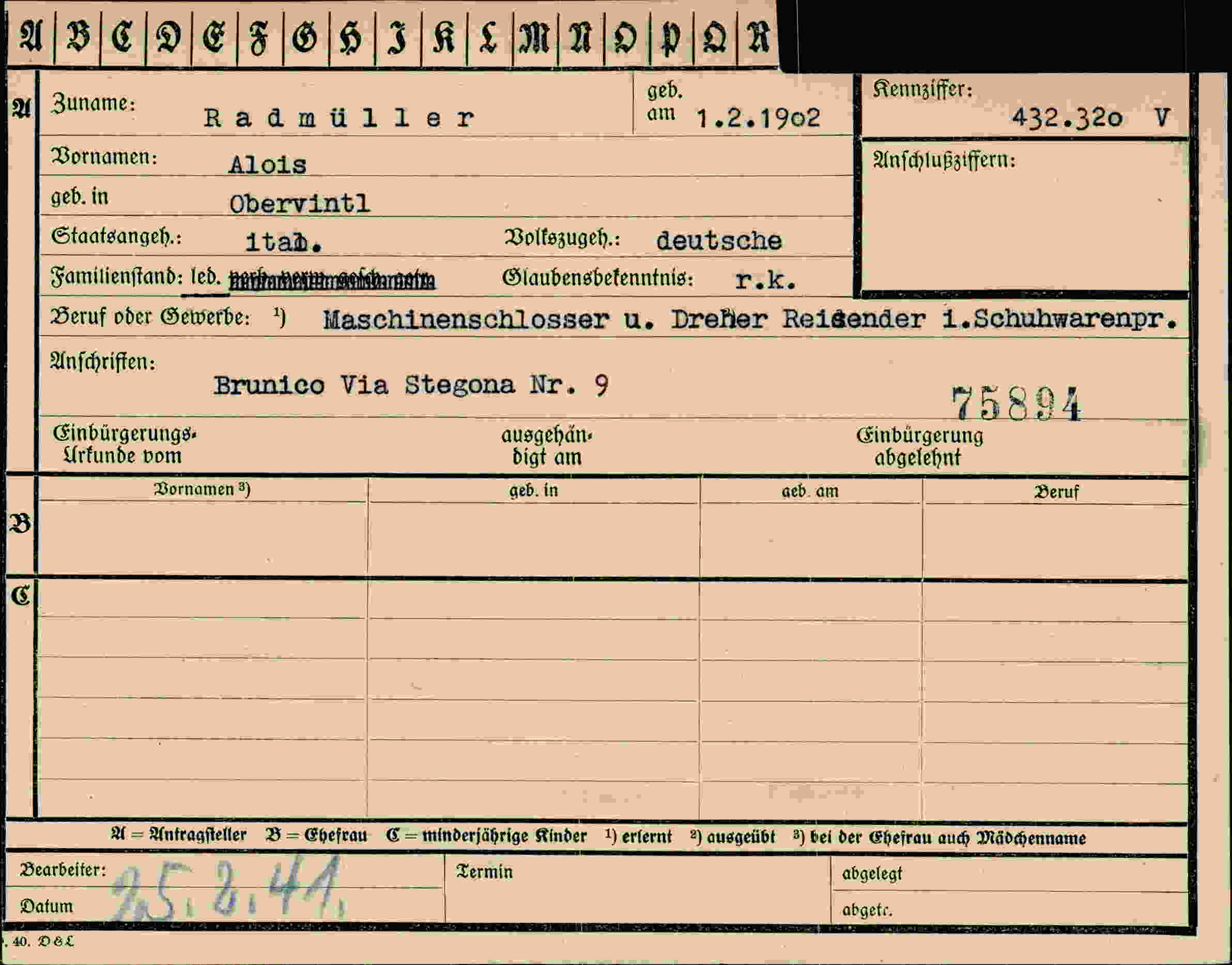 Dokument für Alois Radmüller