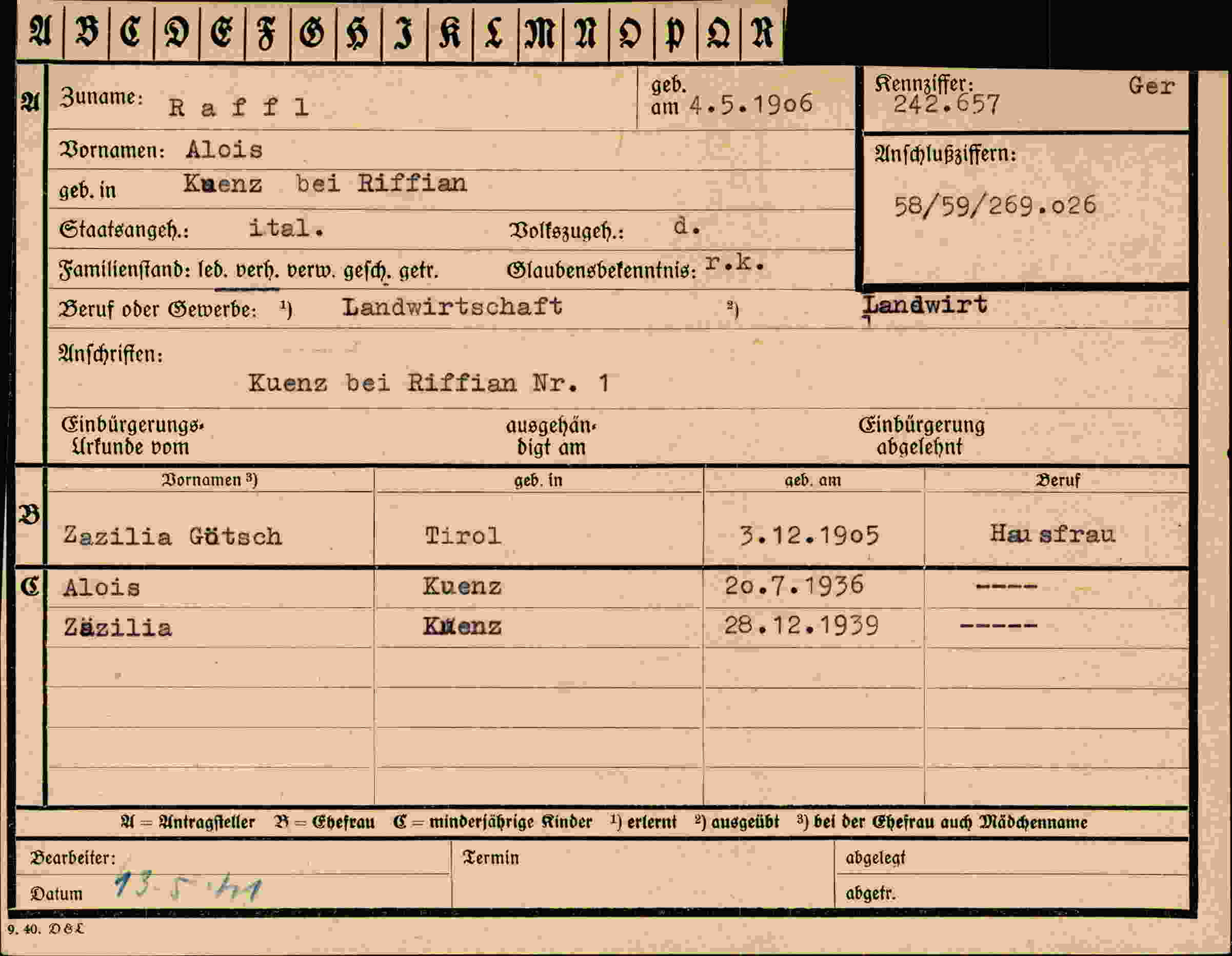 Dokument für Alois Raffl