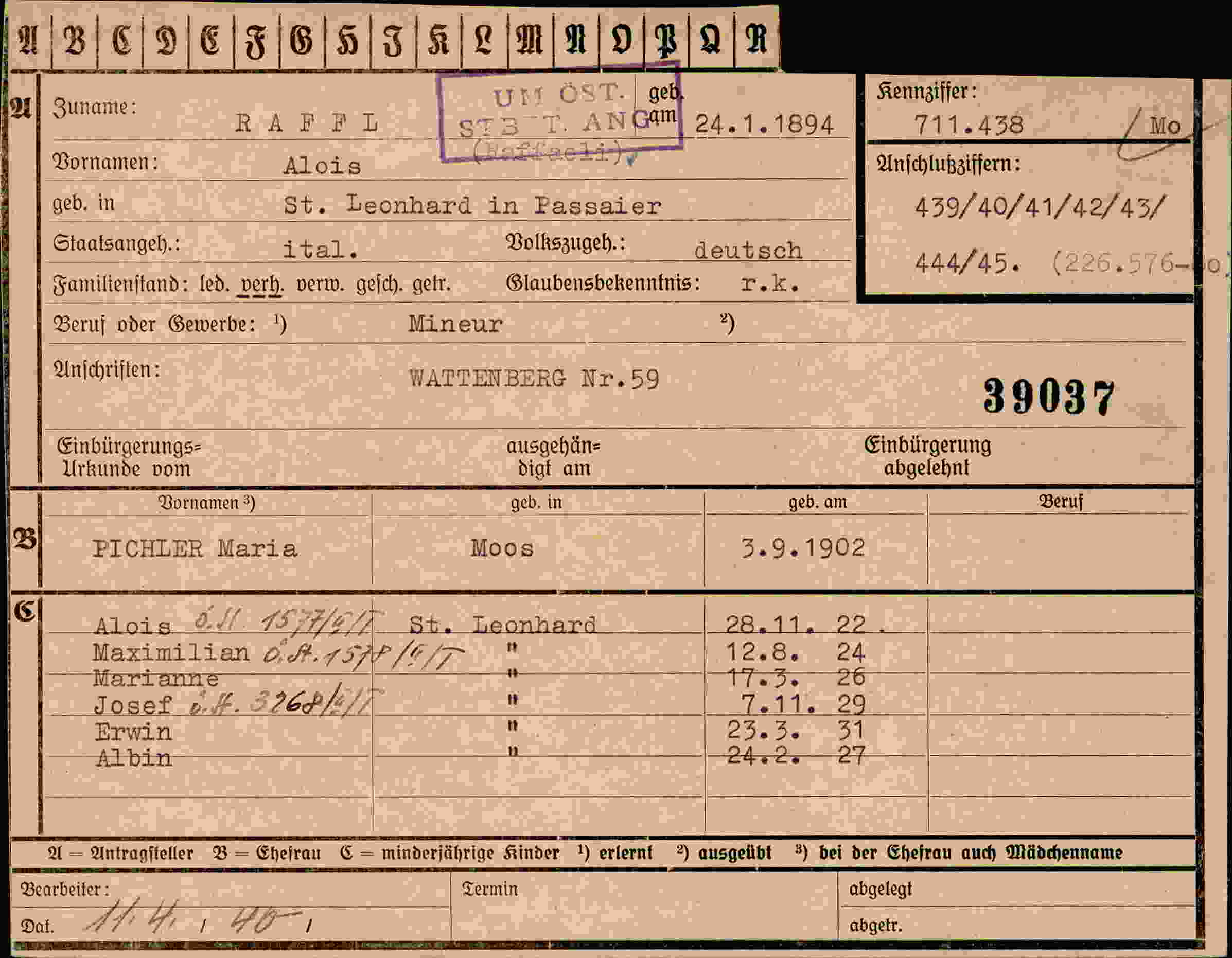 Dokument für Alois Rafel