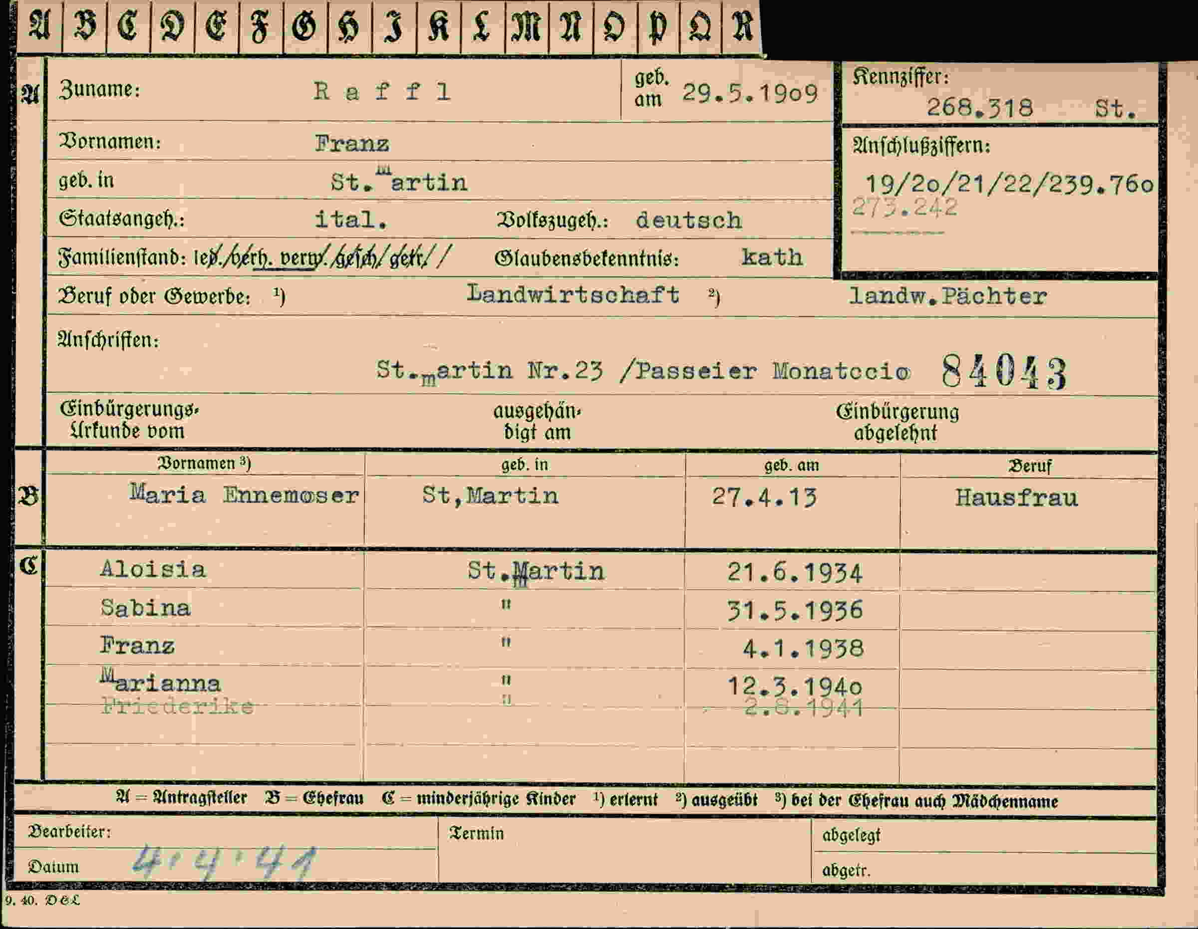 Dokument für Franz Raffl