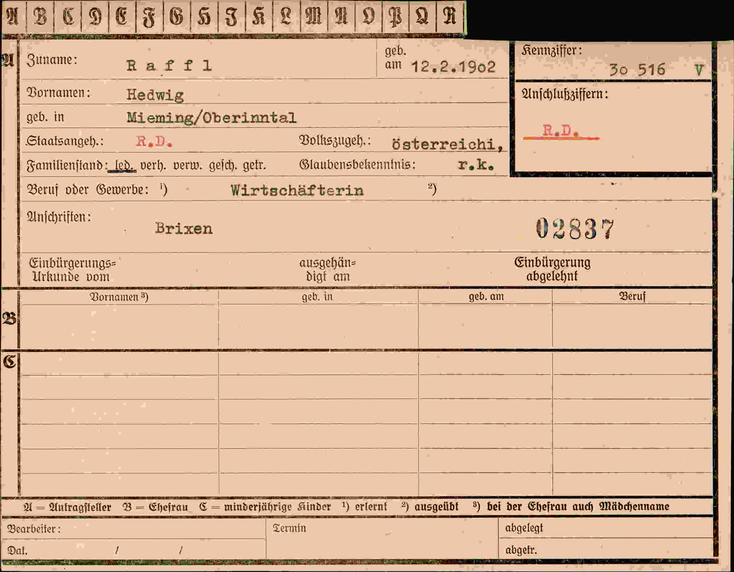 Dokument für Hedwig Raffl