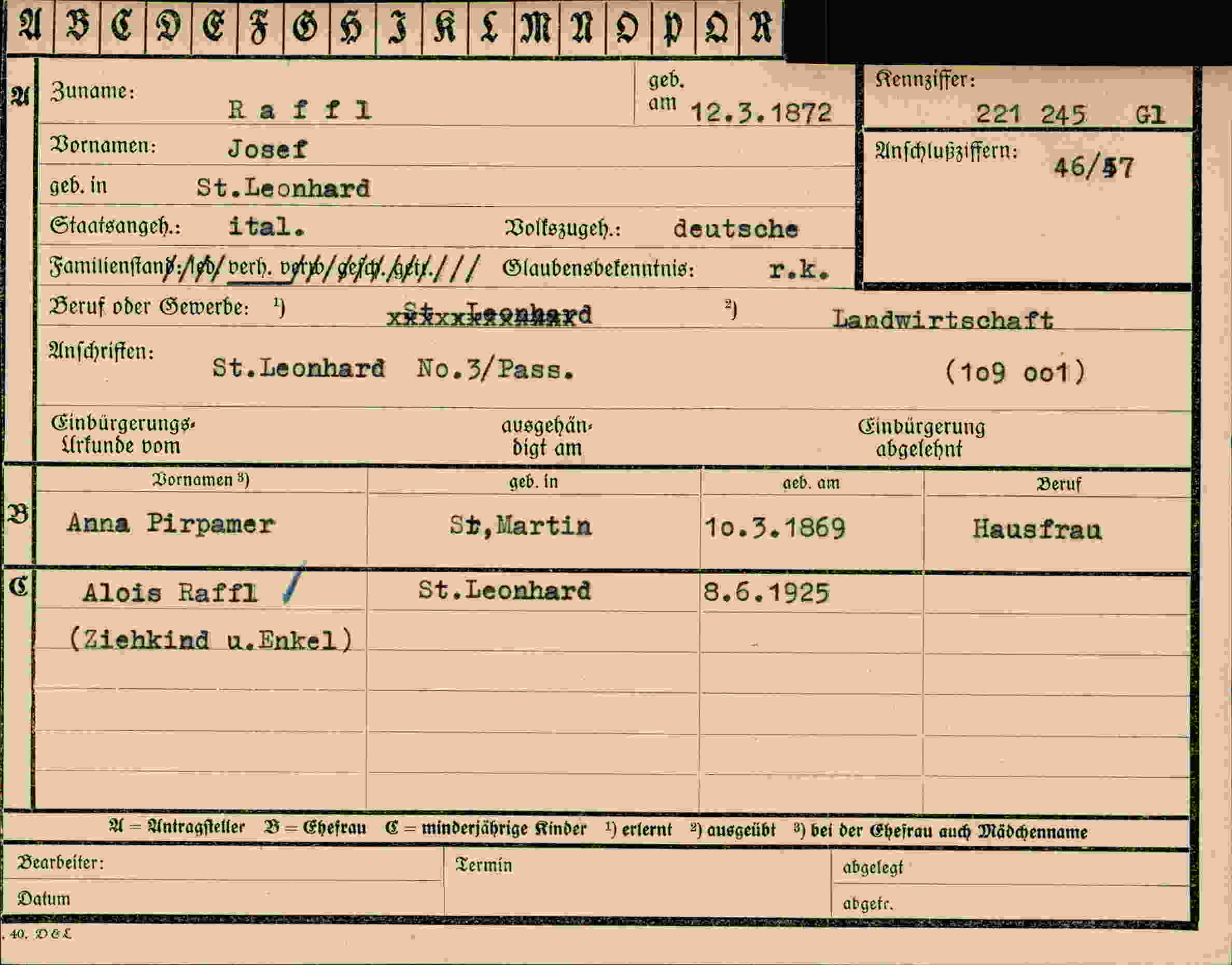 Dokument für Josef Raffl
