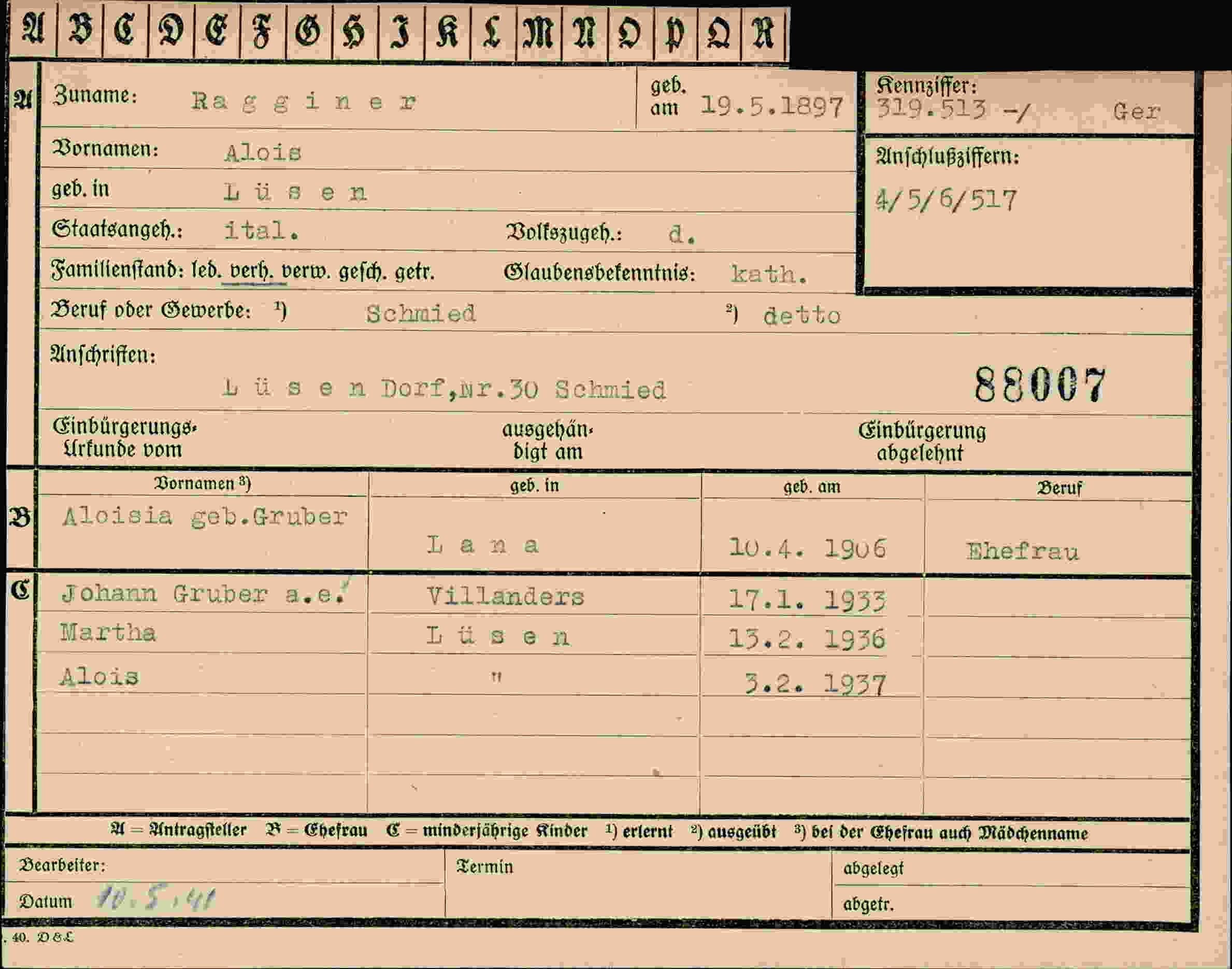 Dokument für Alois Ragginer