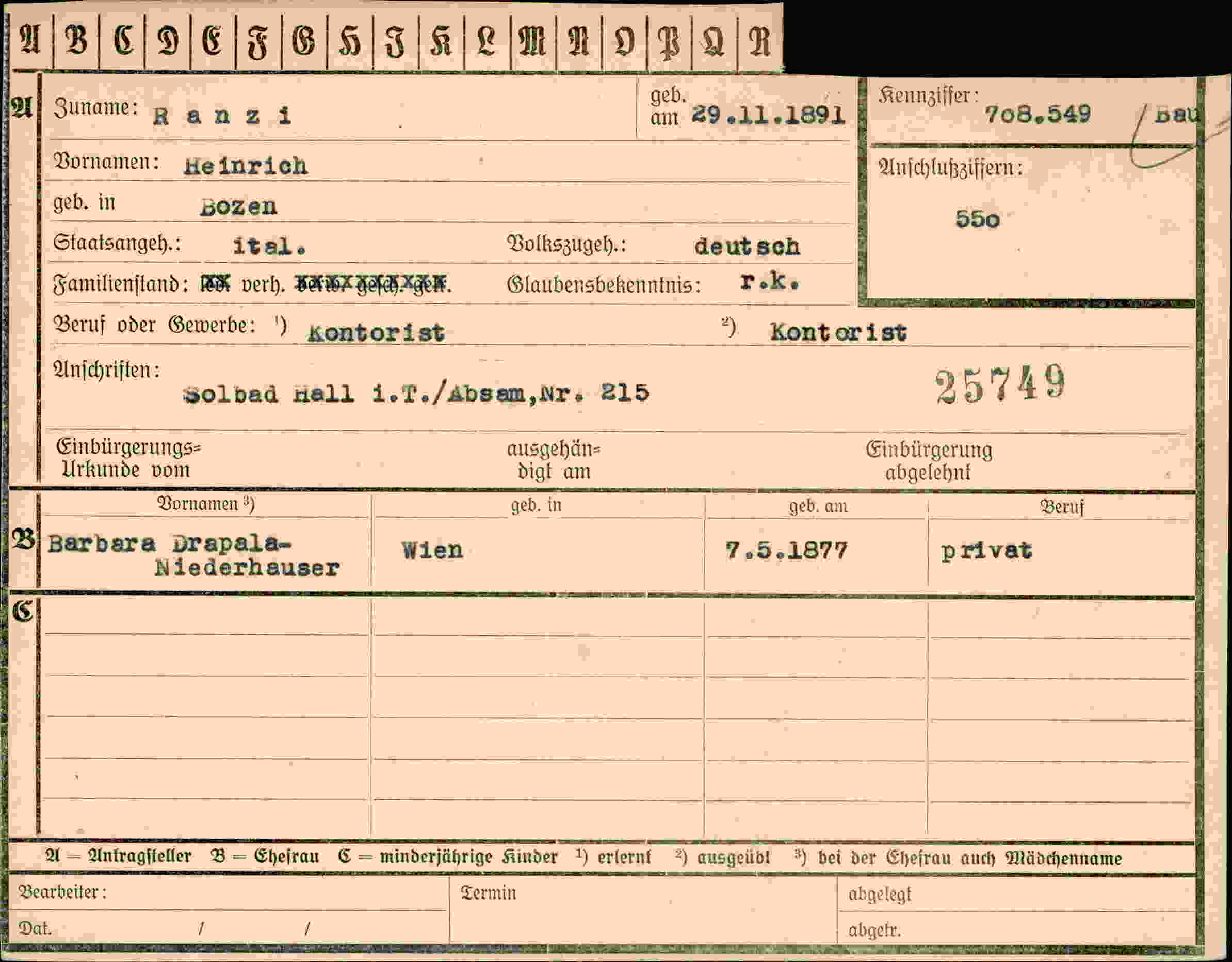 Dokument für Heinrich Ranzi