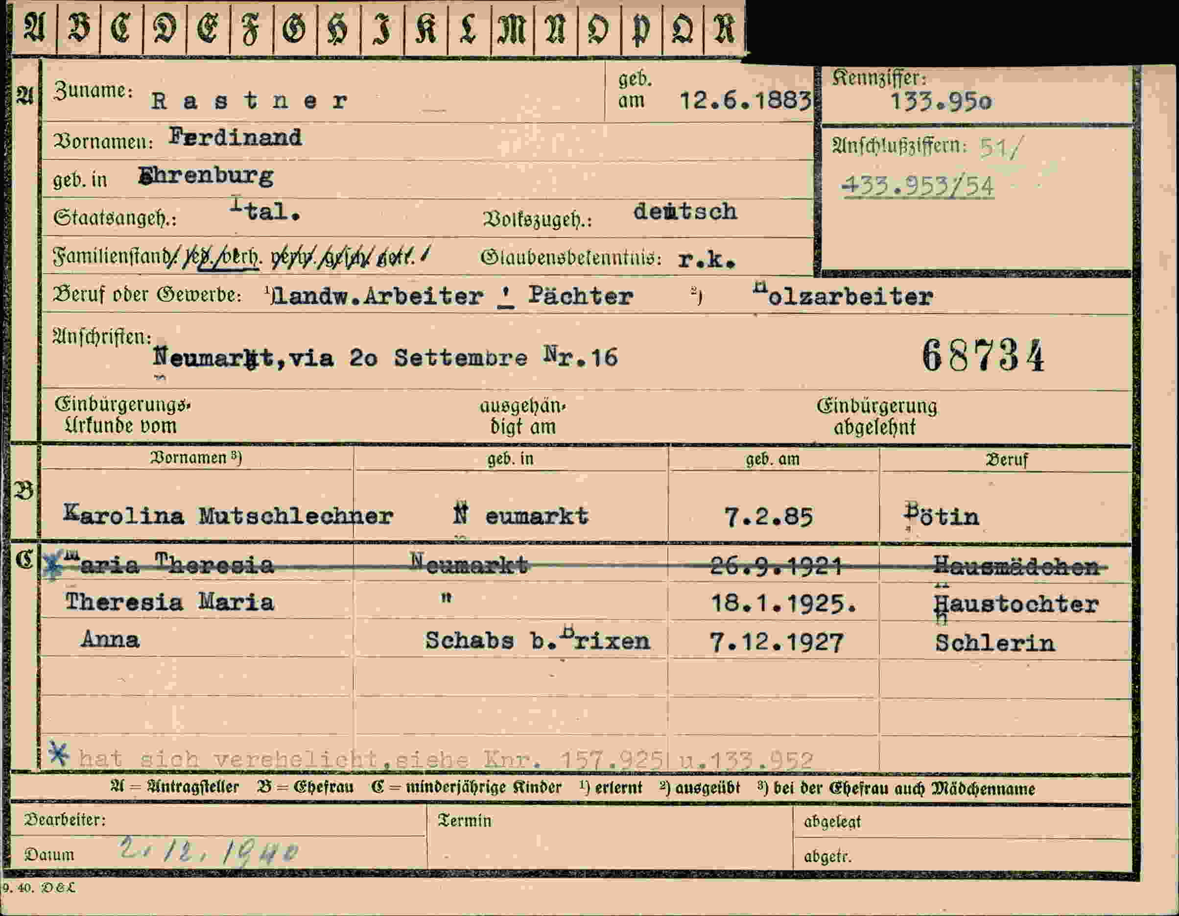 Dokument für Ferdinand Rastner