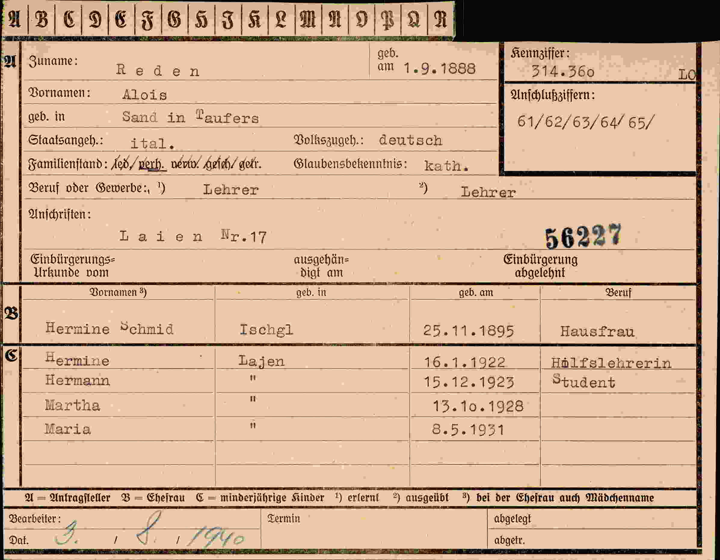 Dokument für Alois Reden