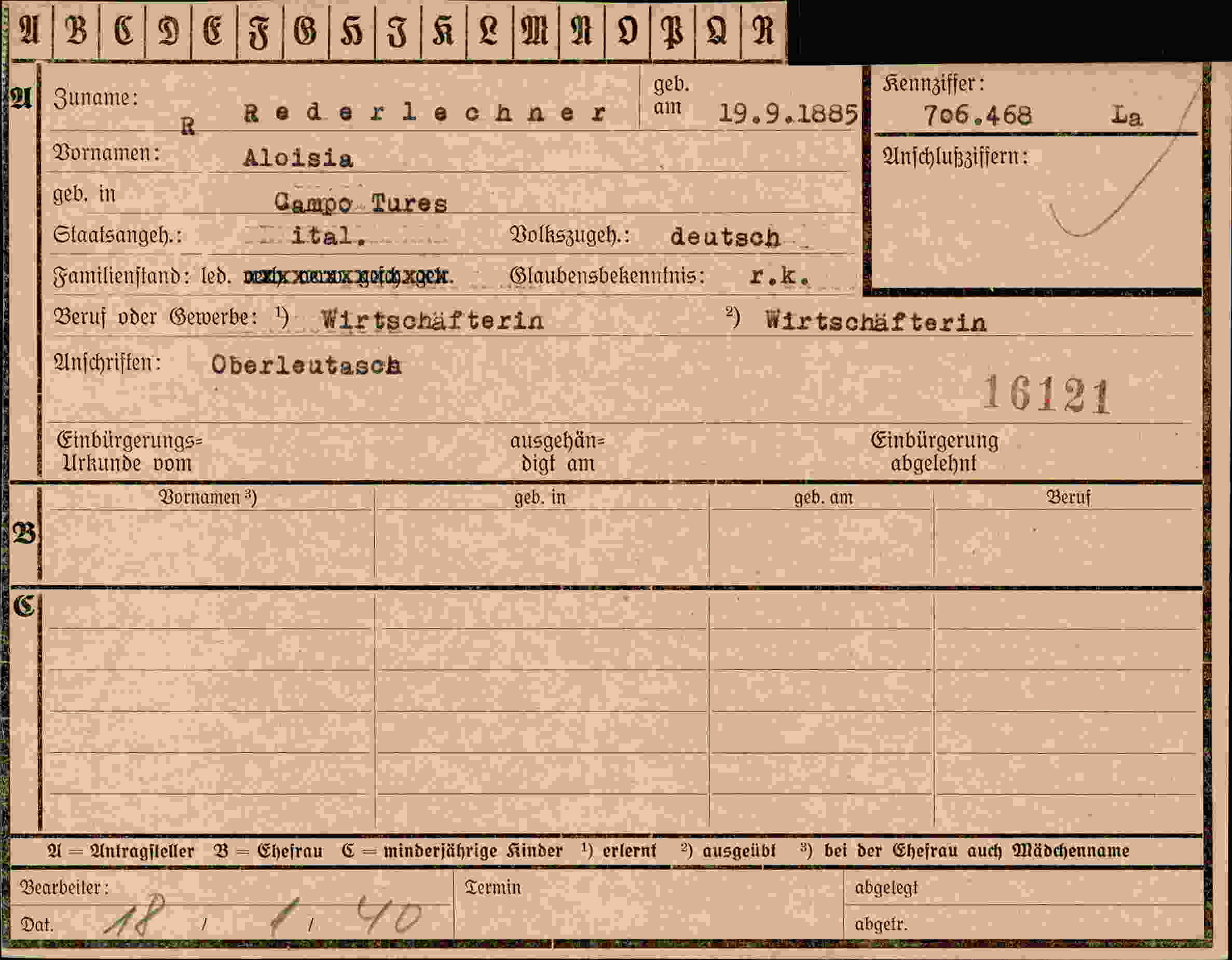 Dokument für Aloisia Rederlechner