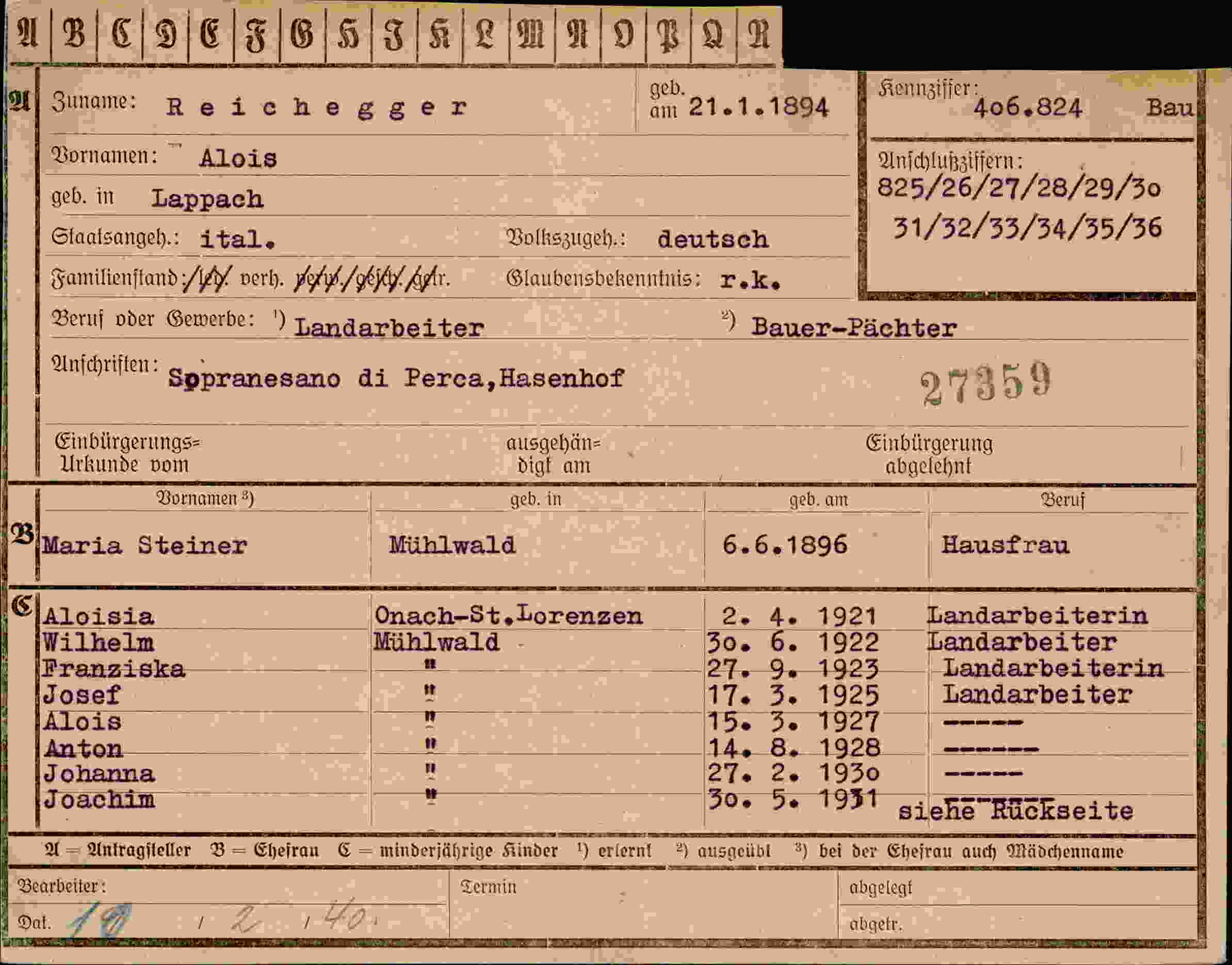 Dokument für Alois Reichegger