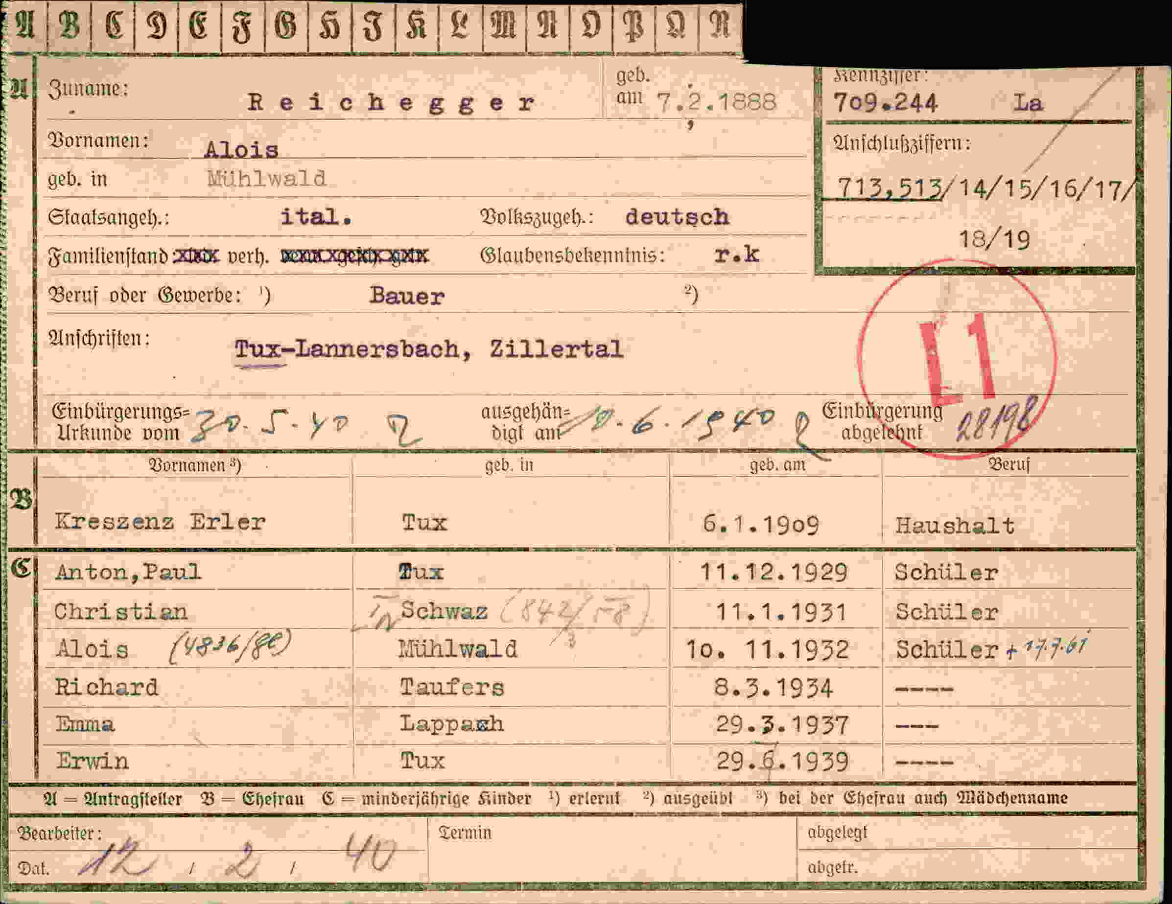 Dokument für Alois Reichegger