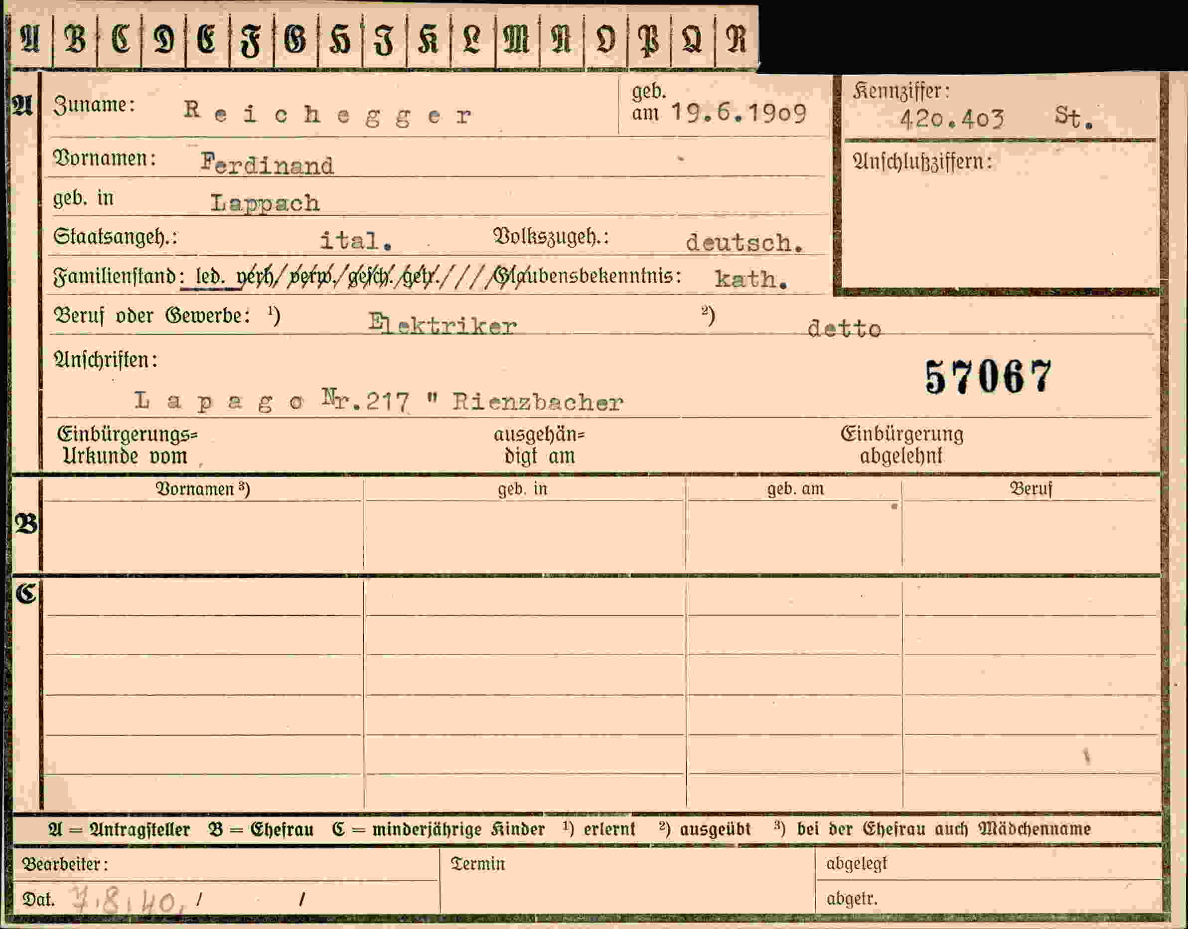 Dokument für Ferdinand Reichegger