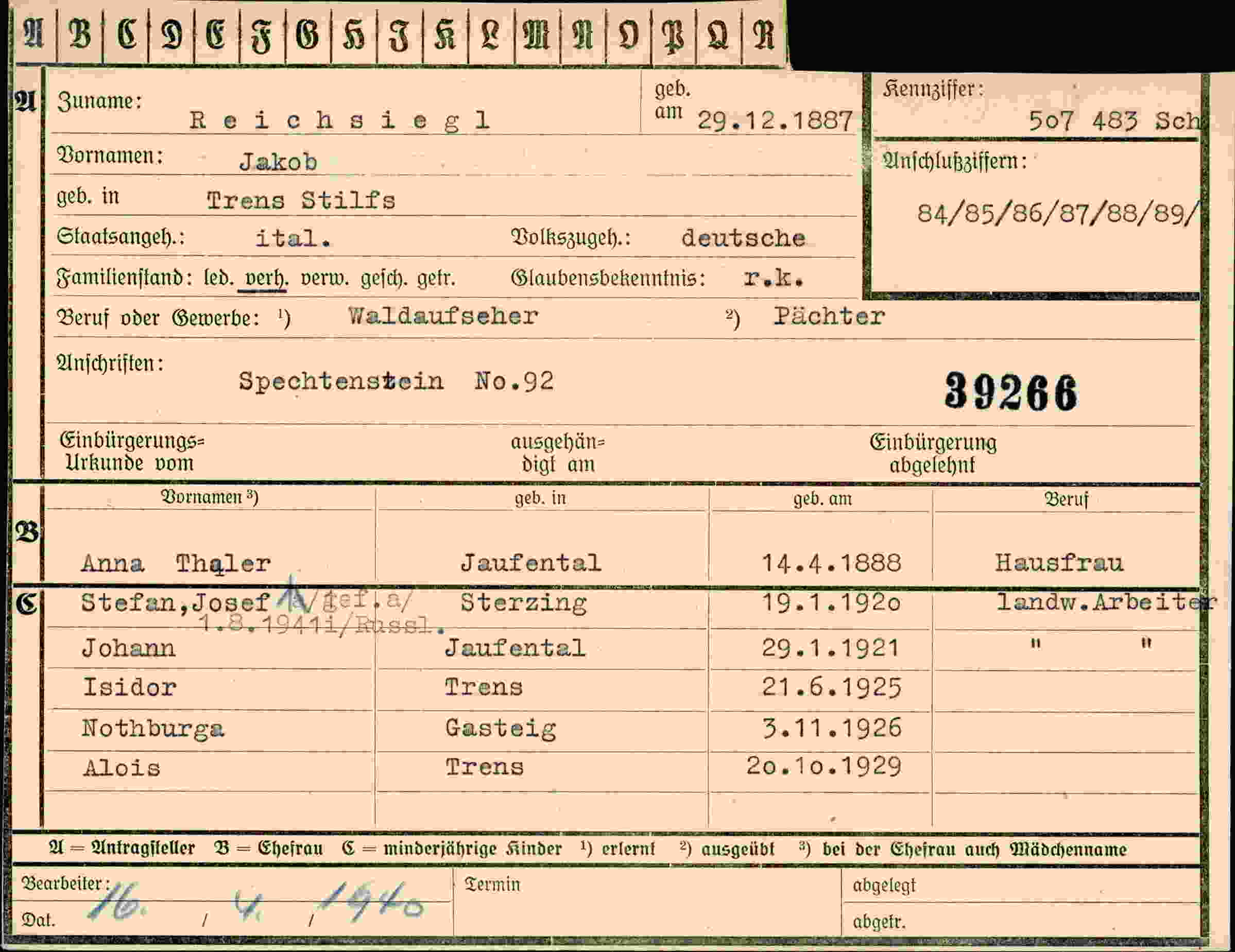 Dokument für Jakob Reichsiegl