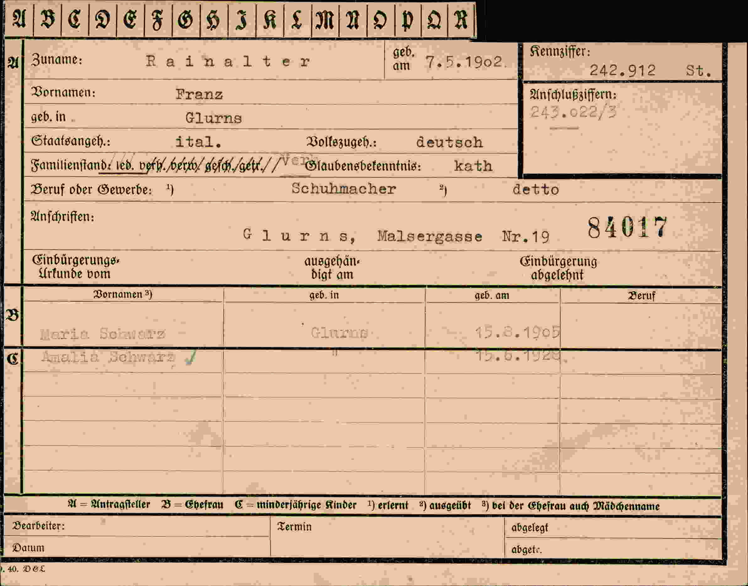 Dokument für Franz Rainalter