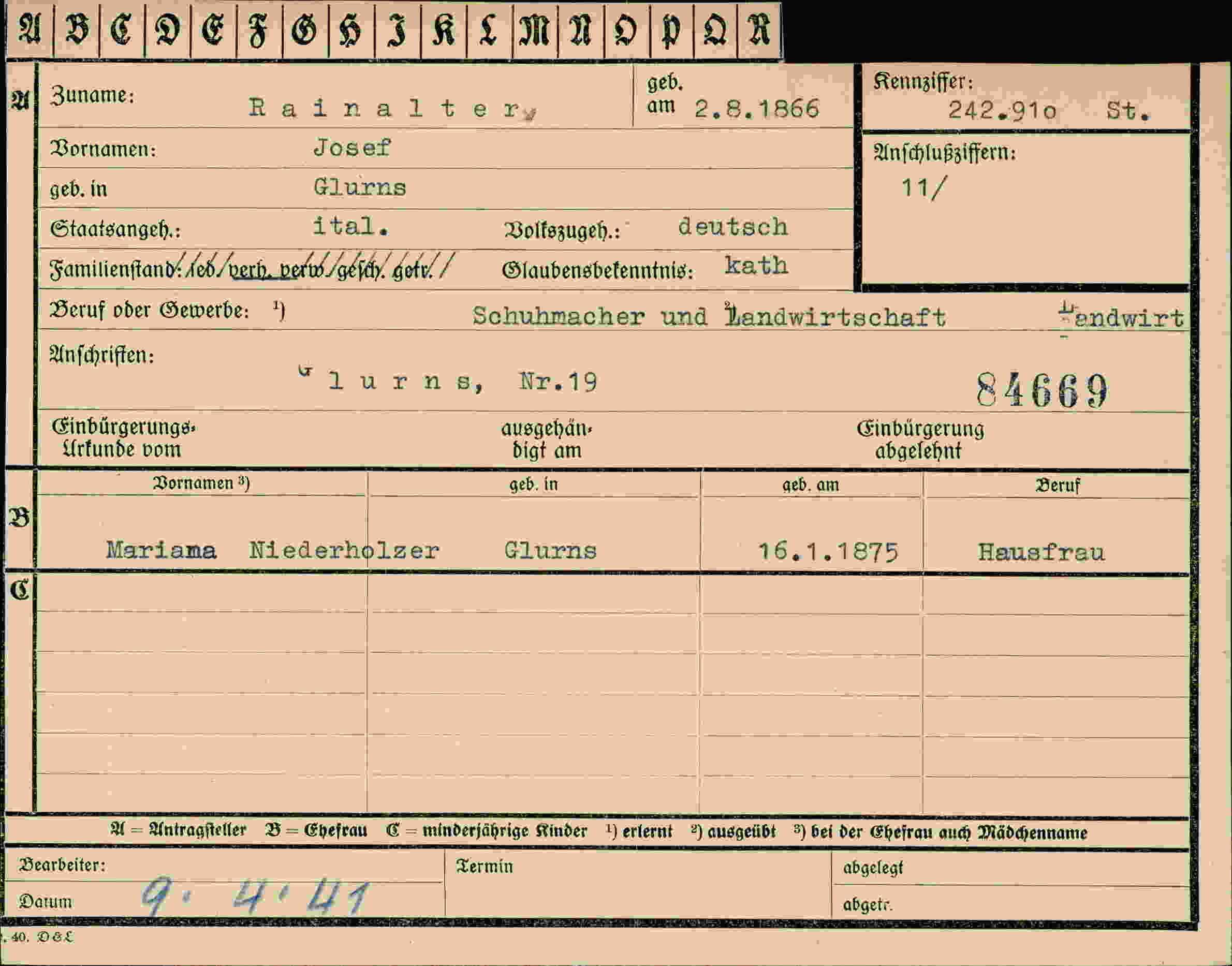 Dokument für Josef Rainalter