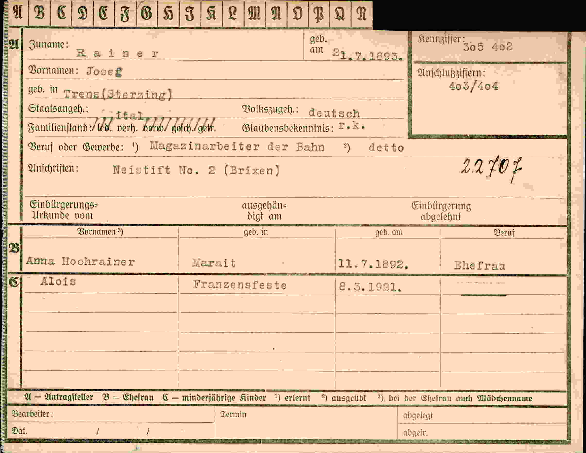 Dokument für Josef Raine