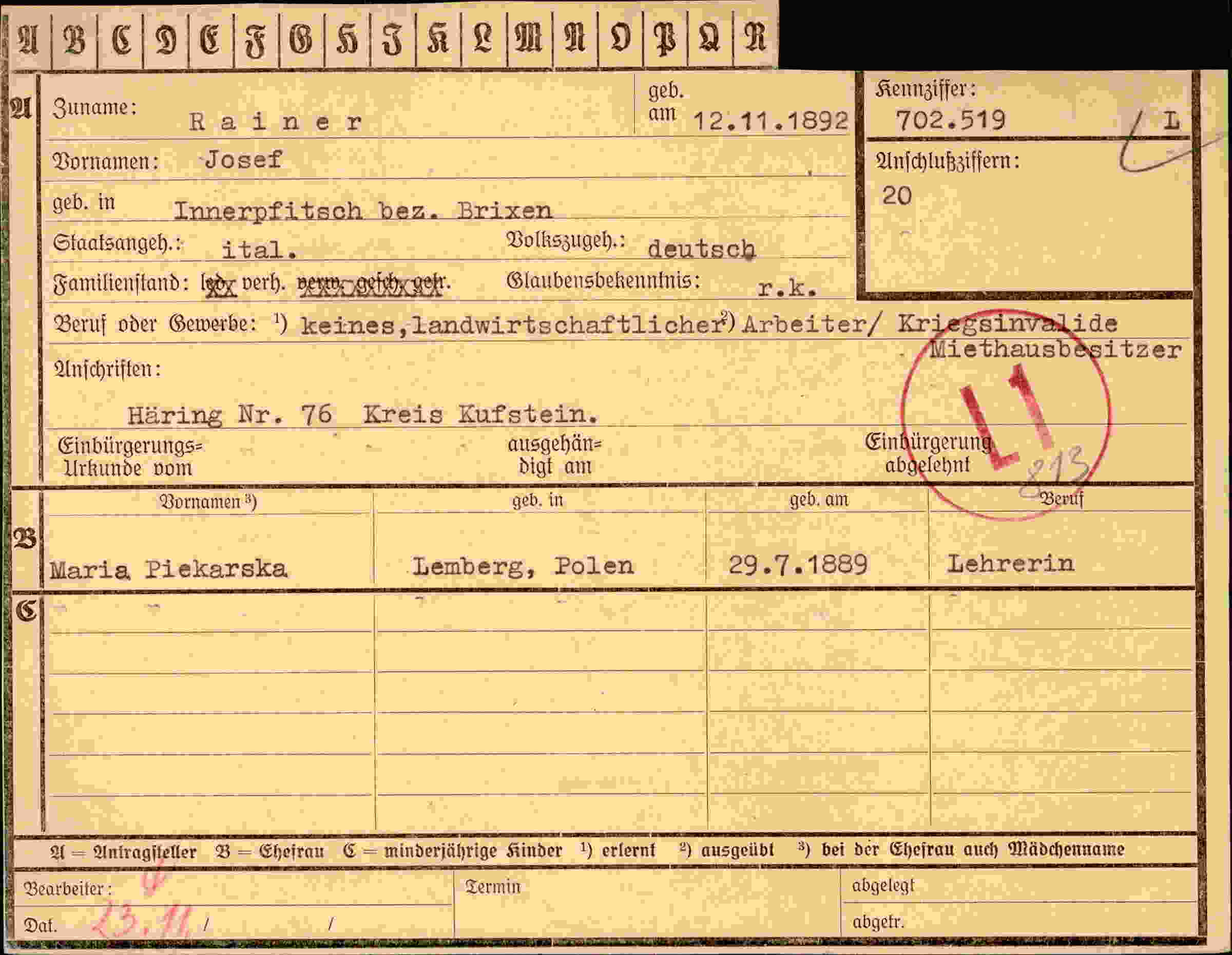 Dokument für Josef Rainer