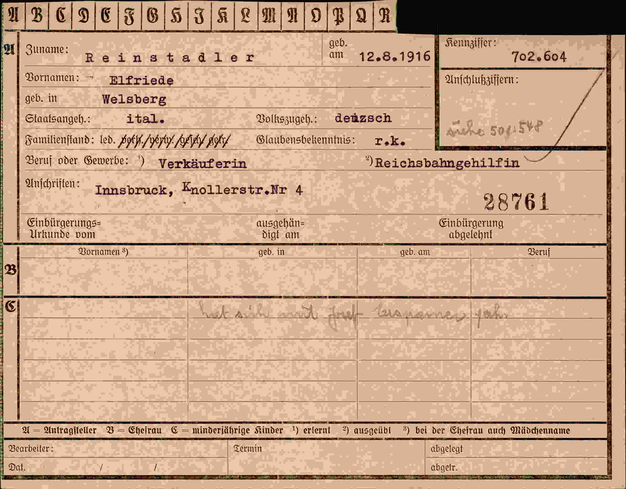 Dokument für Elfriede Reinstadler