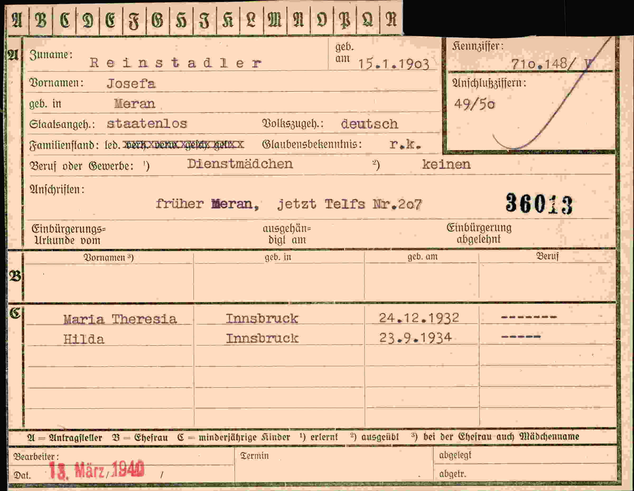 Dokument für Josefa Reinstadler