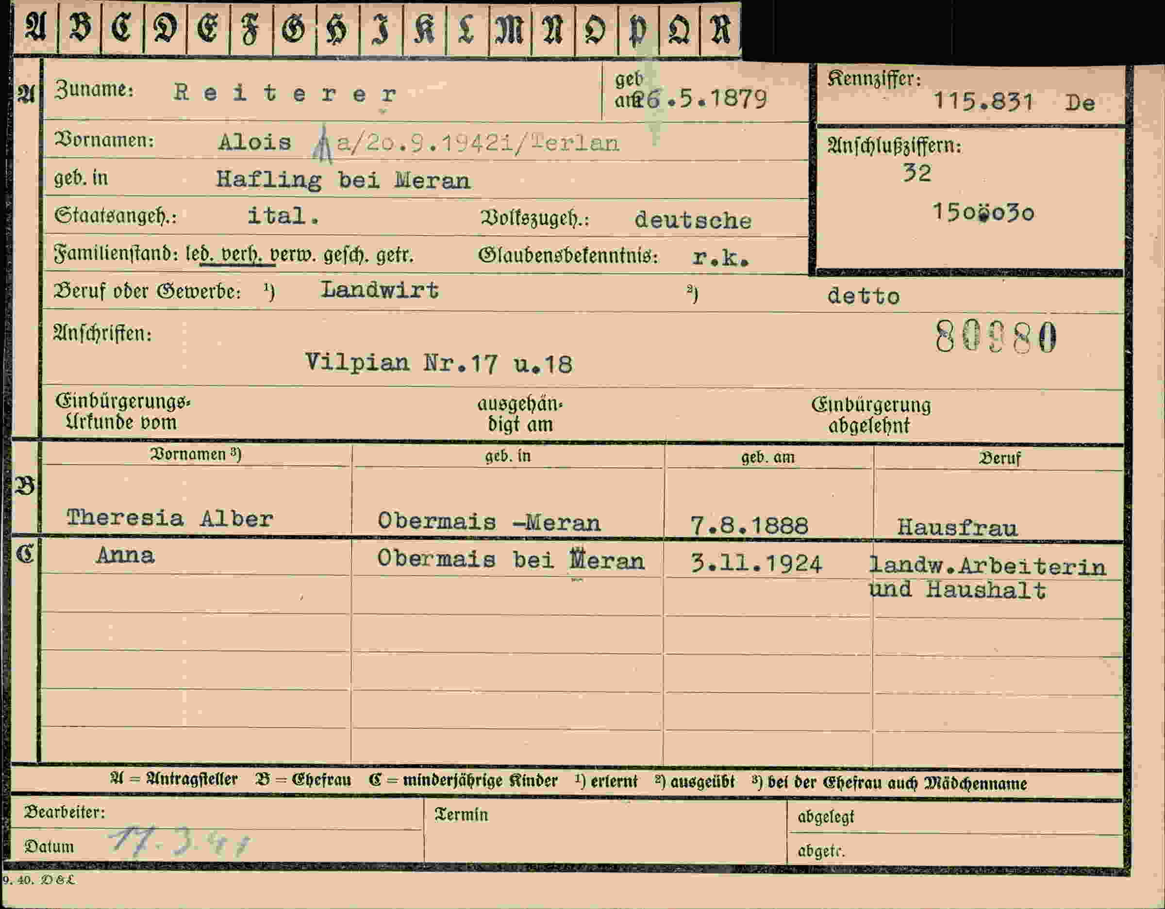 Dokument für Alois Reiterer