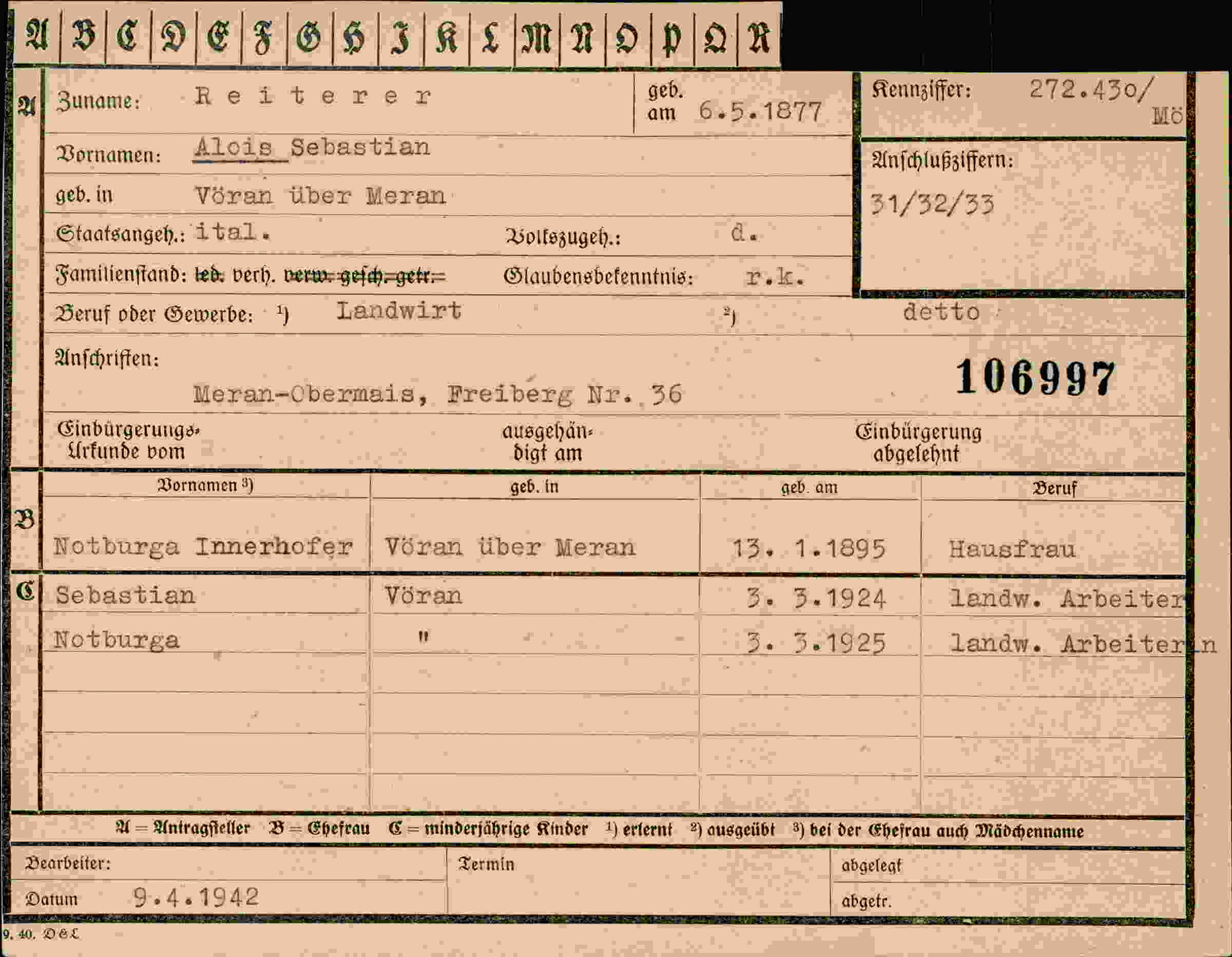 Dokument für Alois Sebastian Reiterer