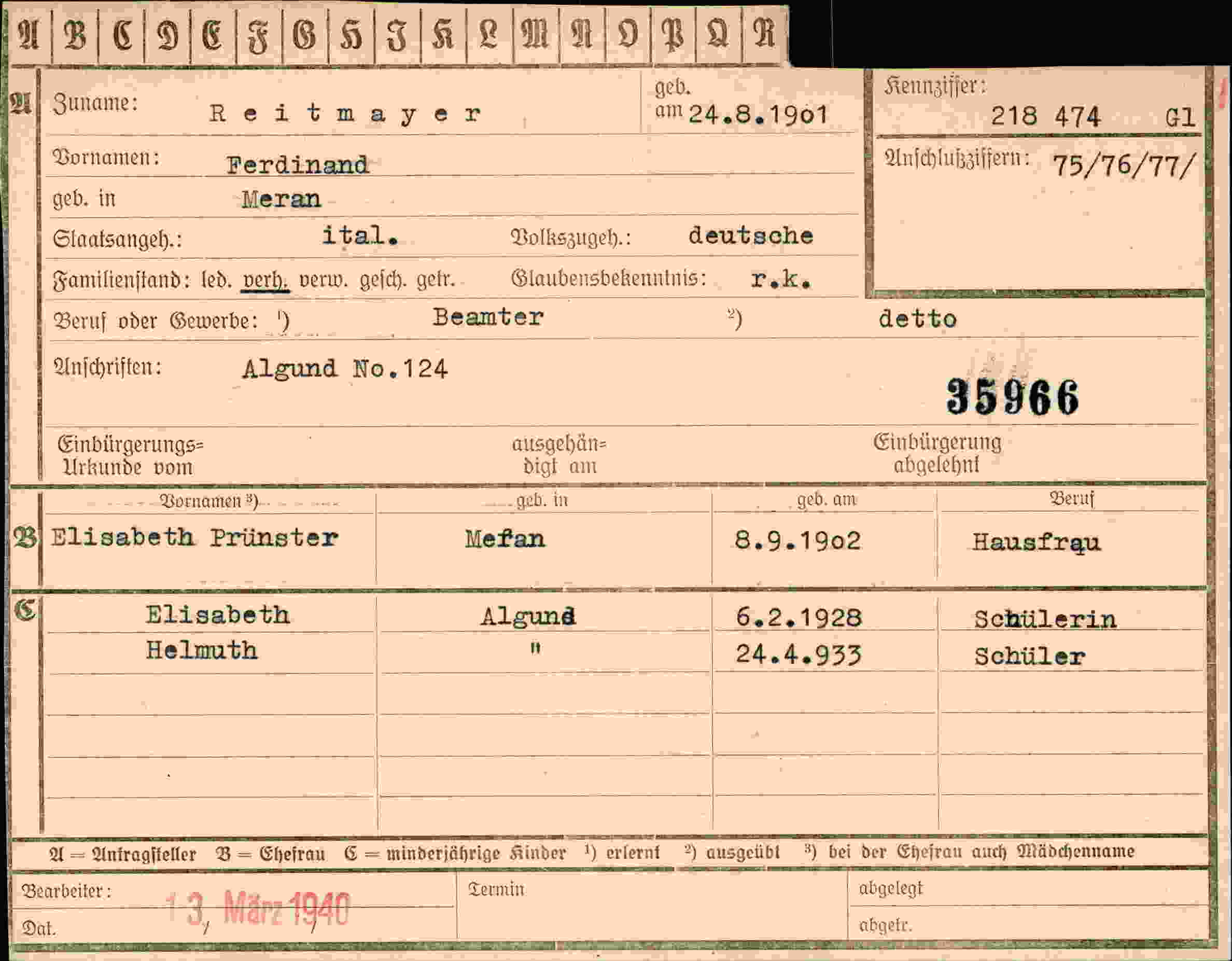 Dokument für Ferdinand Reitmayer