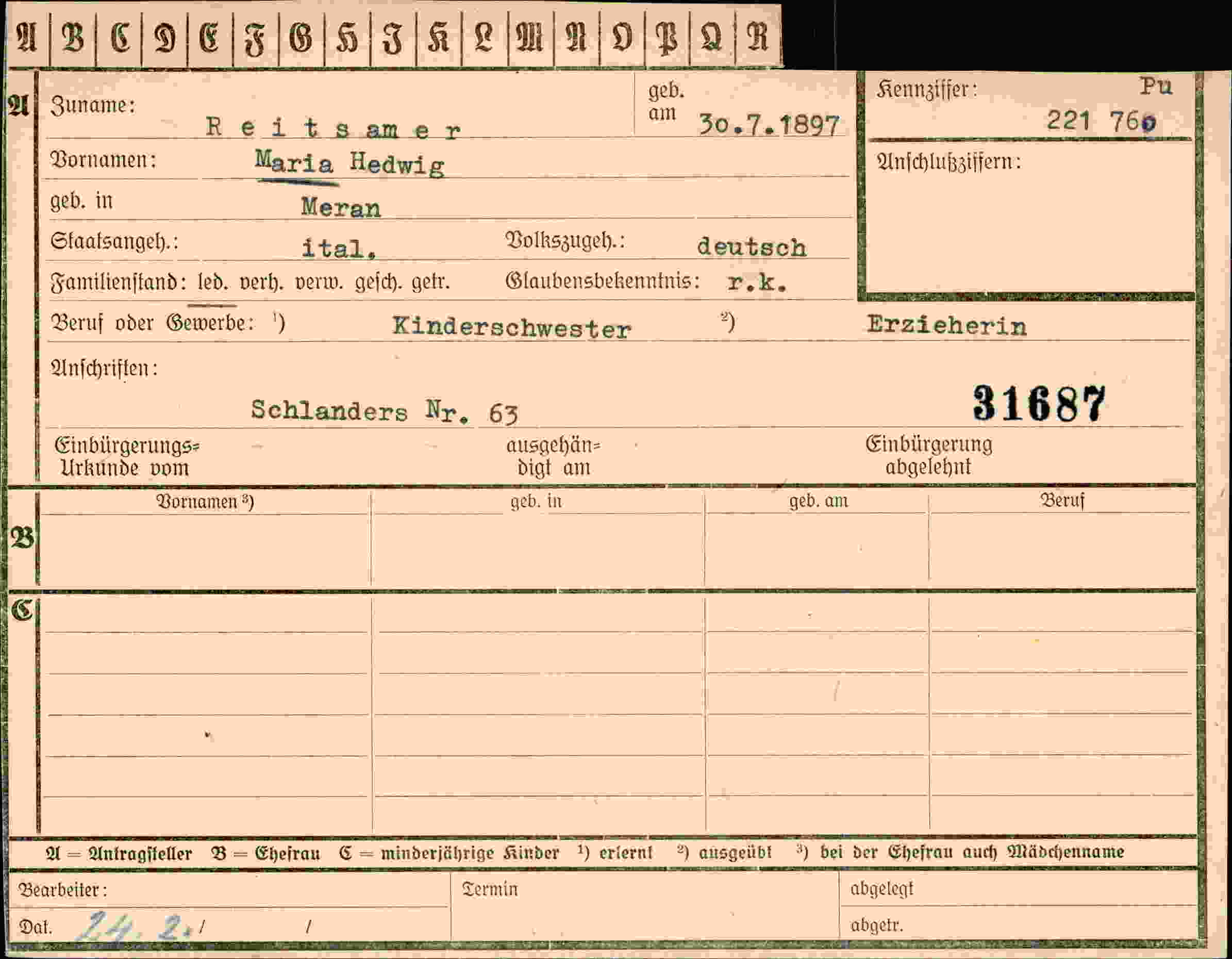 Dokument für Maria Reitsamer