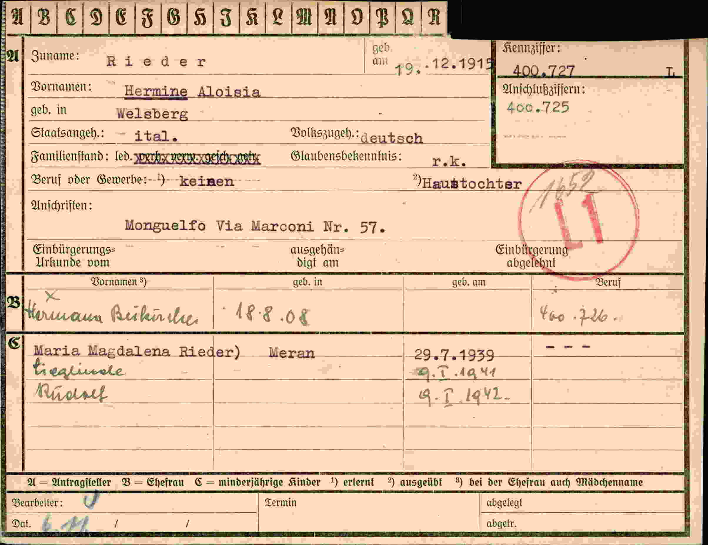Dokument für Hermine Aloisia Rieder