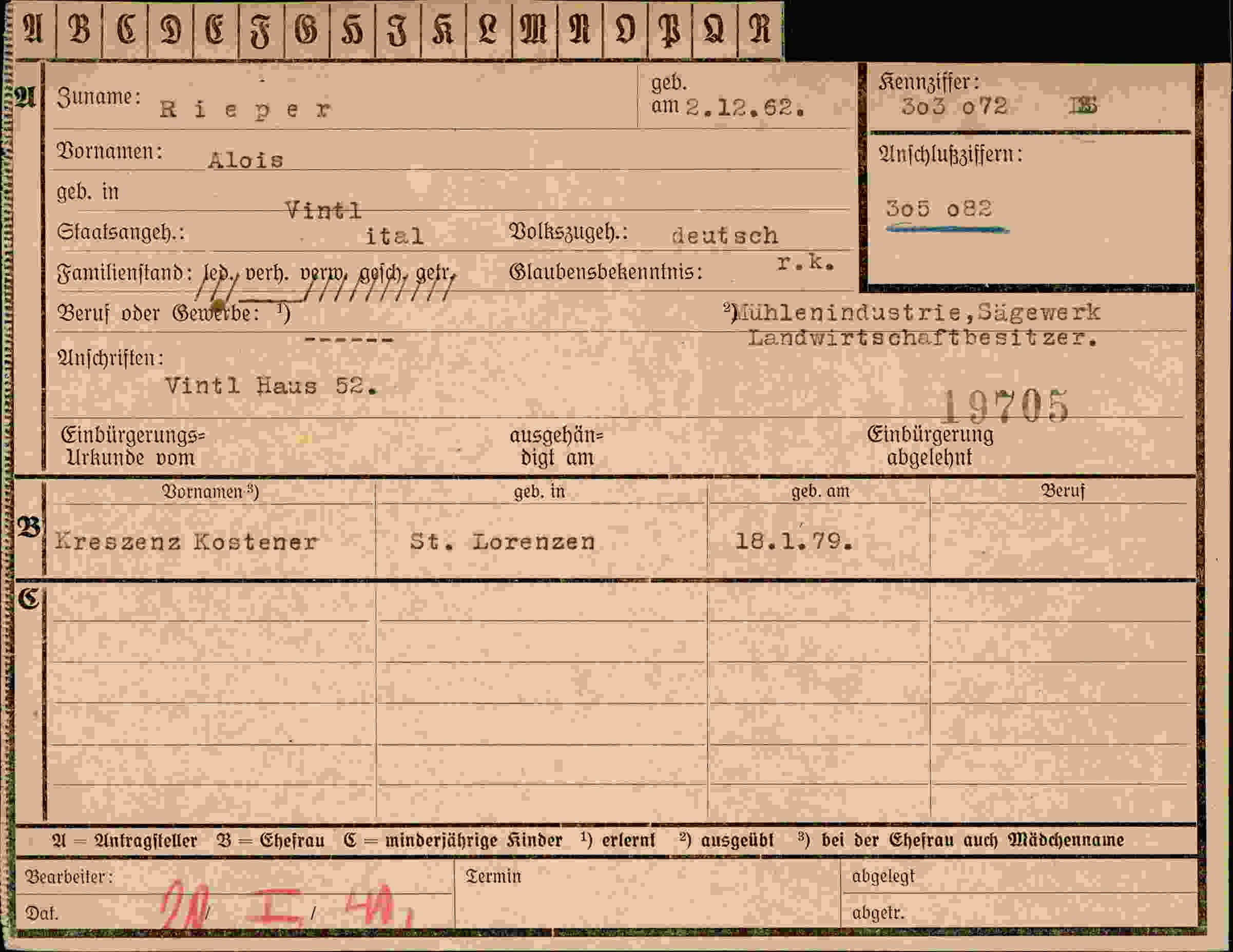 Dokument für Alois Rieper