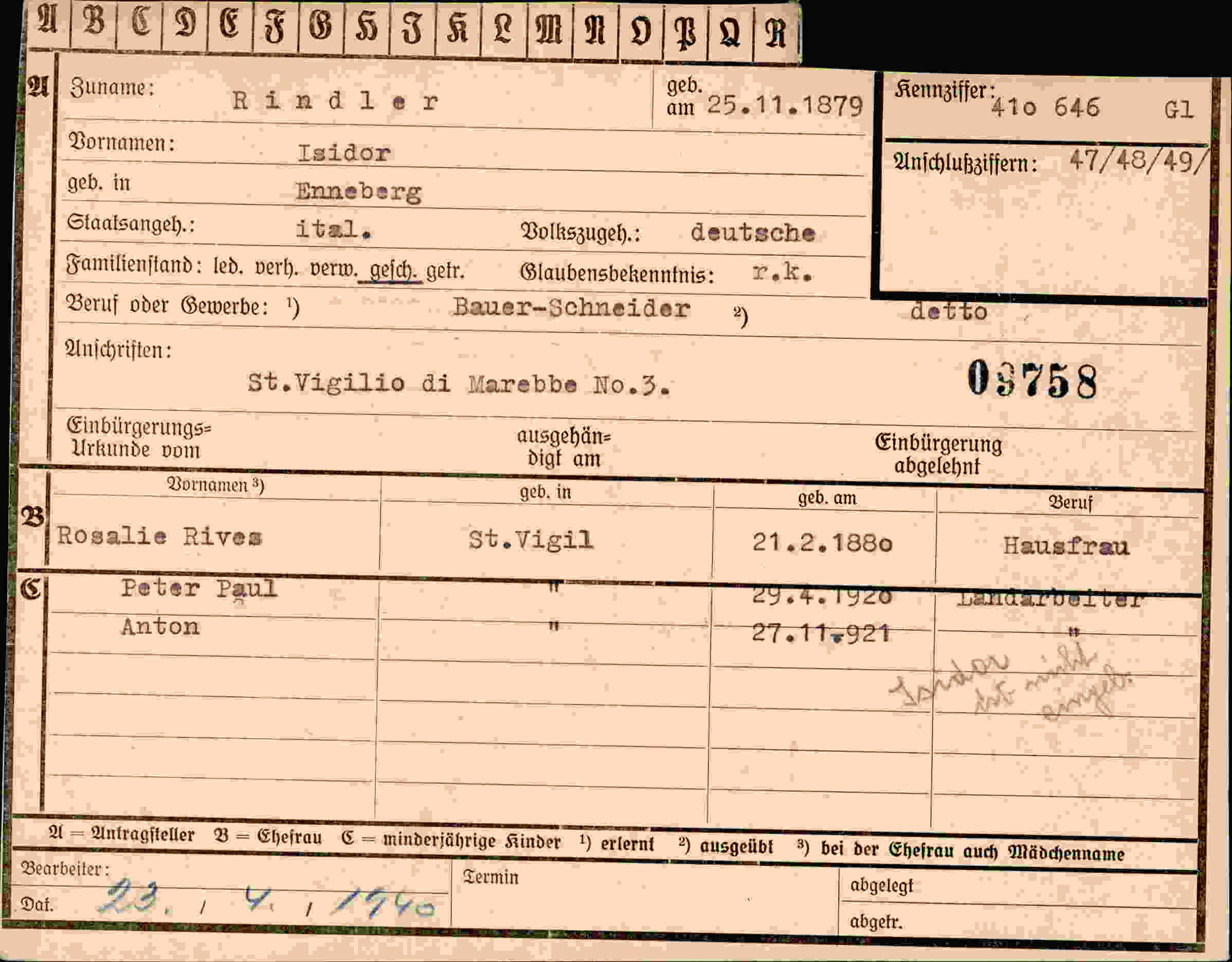 Dokument für Isidor Rindler