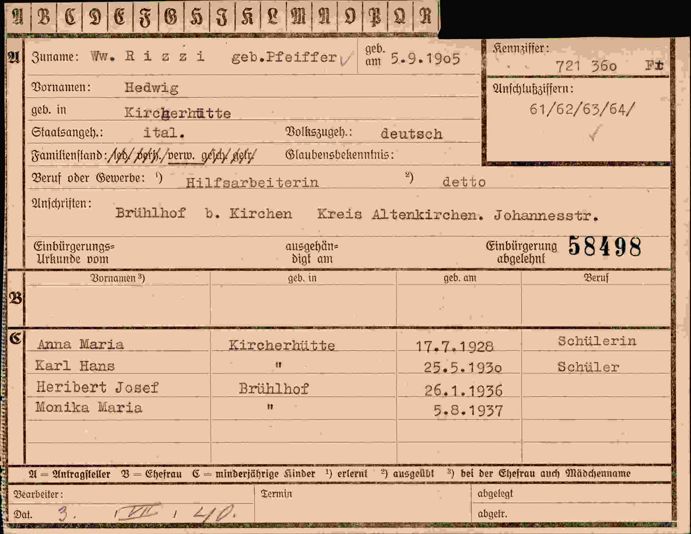 Dokument für Hedwig Rizzi