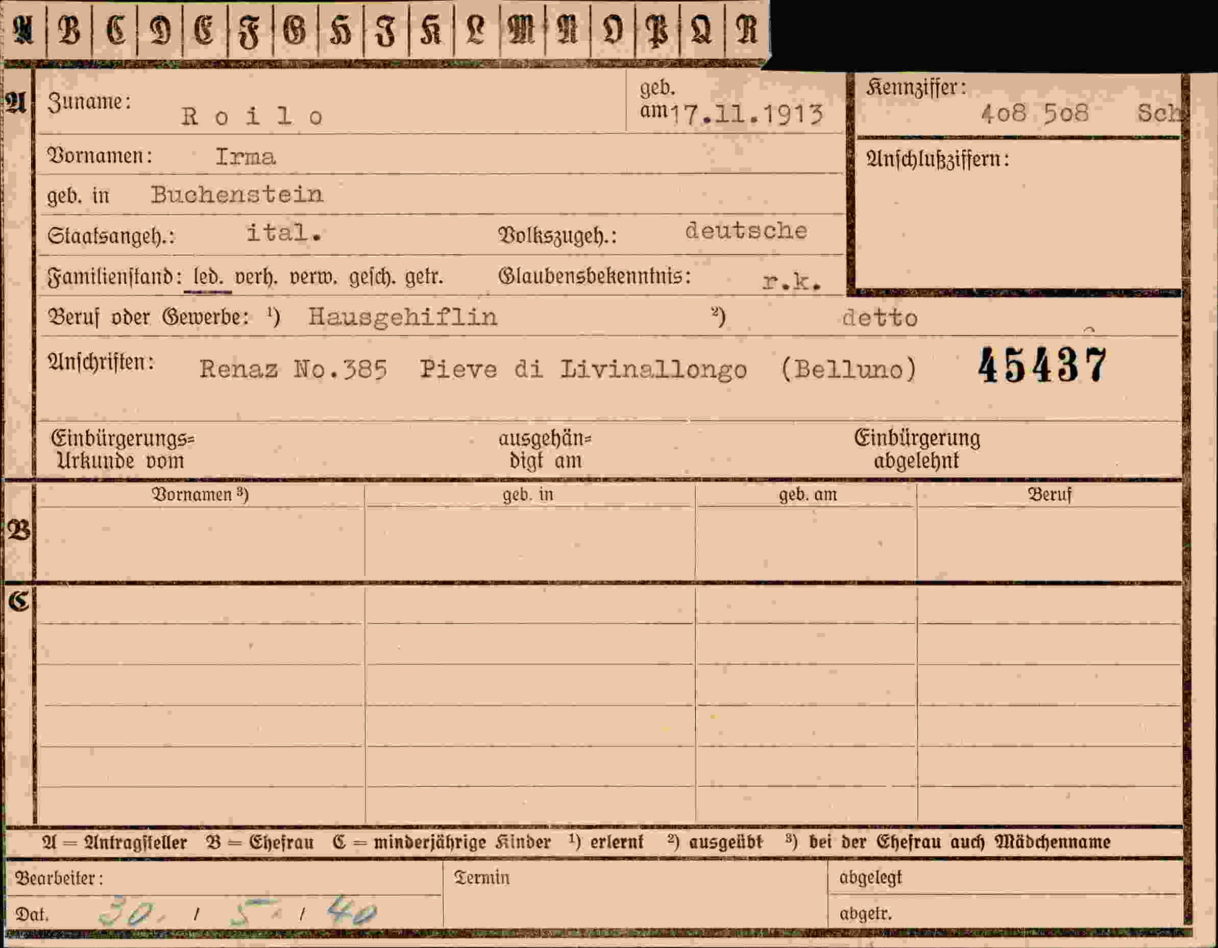 Dokument für Irma Roilo