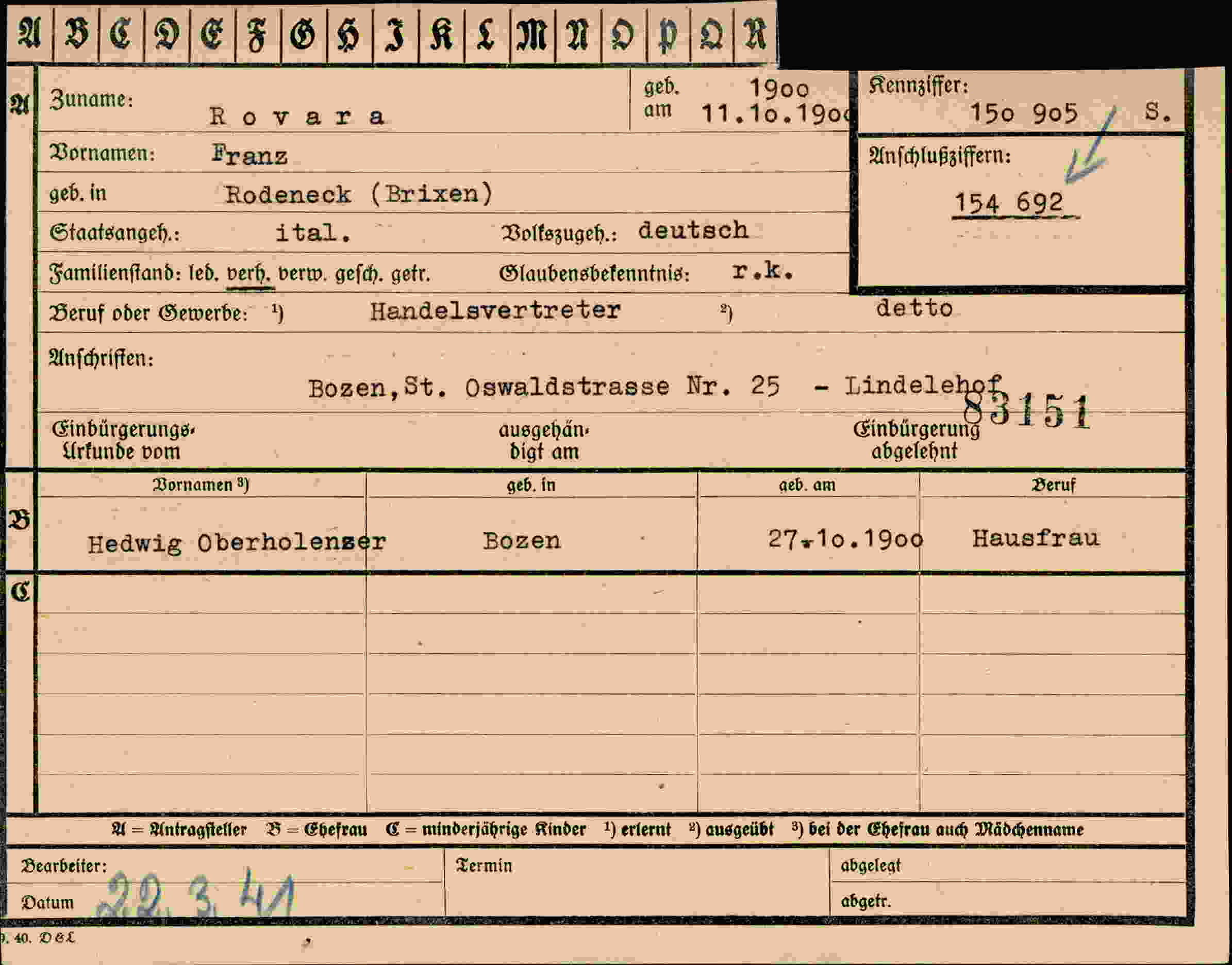 Dokument für Franz Rovara
