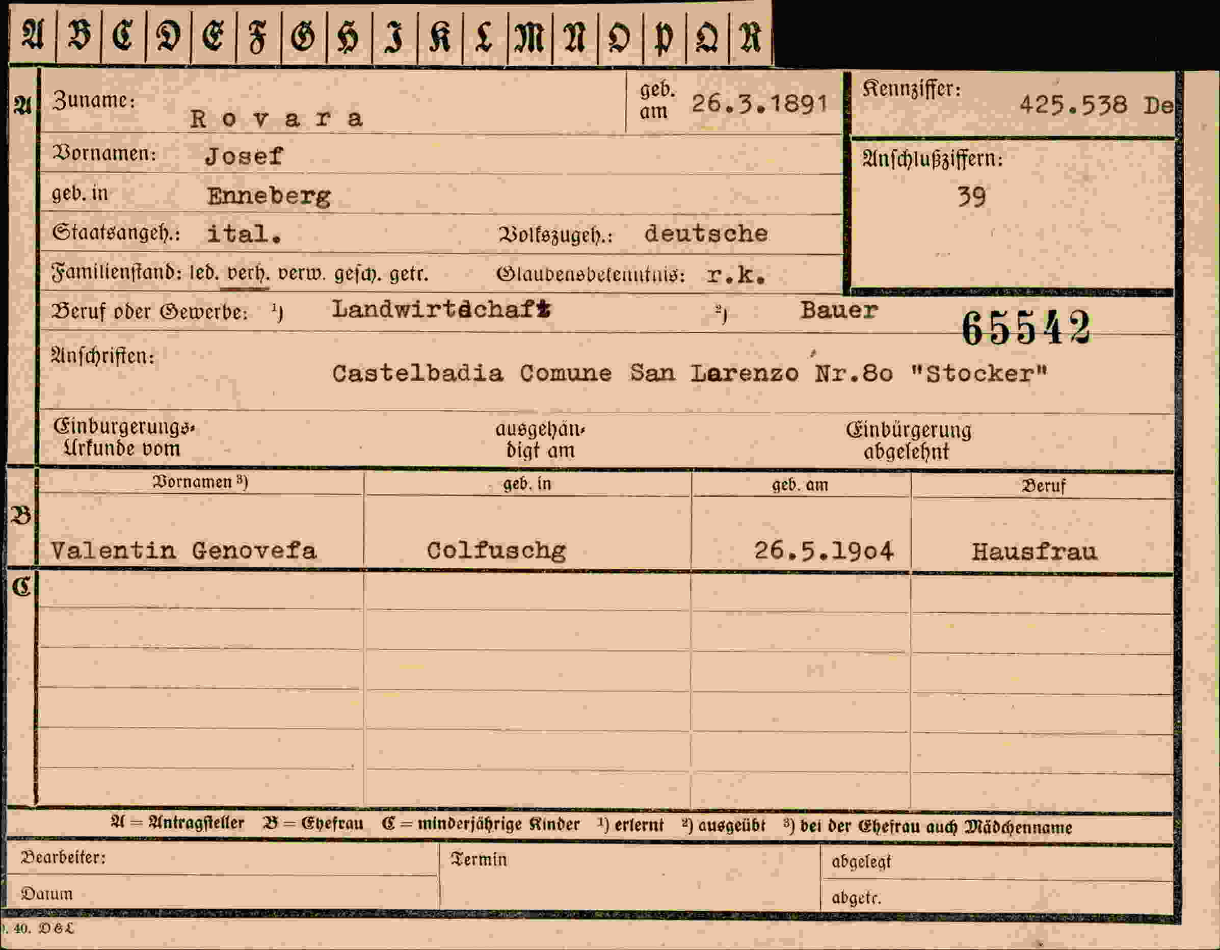 Dokument für Josef Rovara