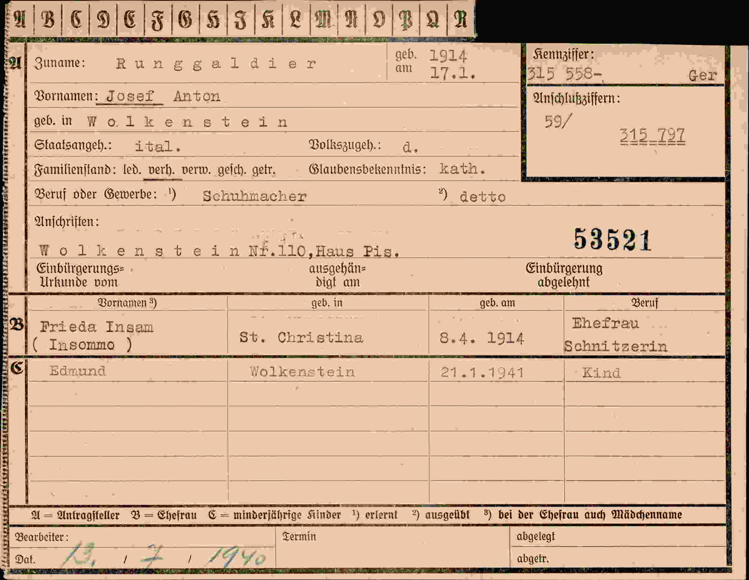 Dokument für Josef Anton Runggaldier