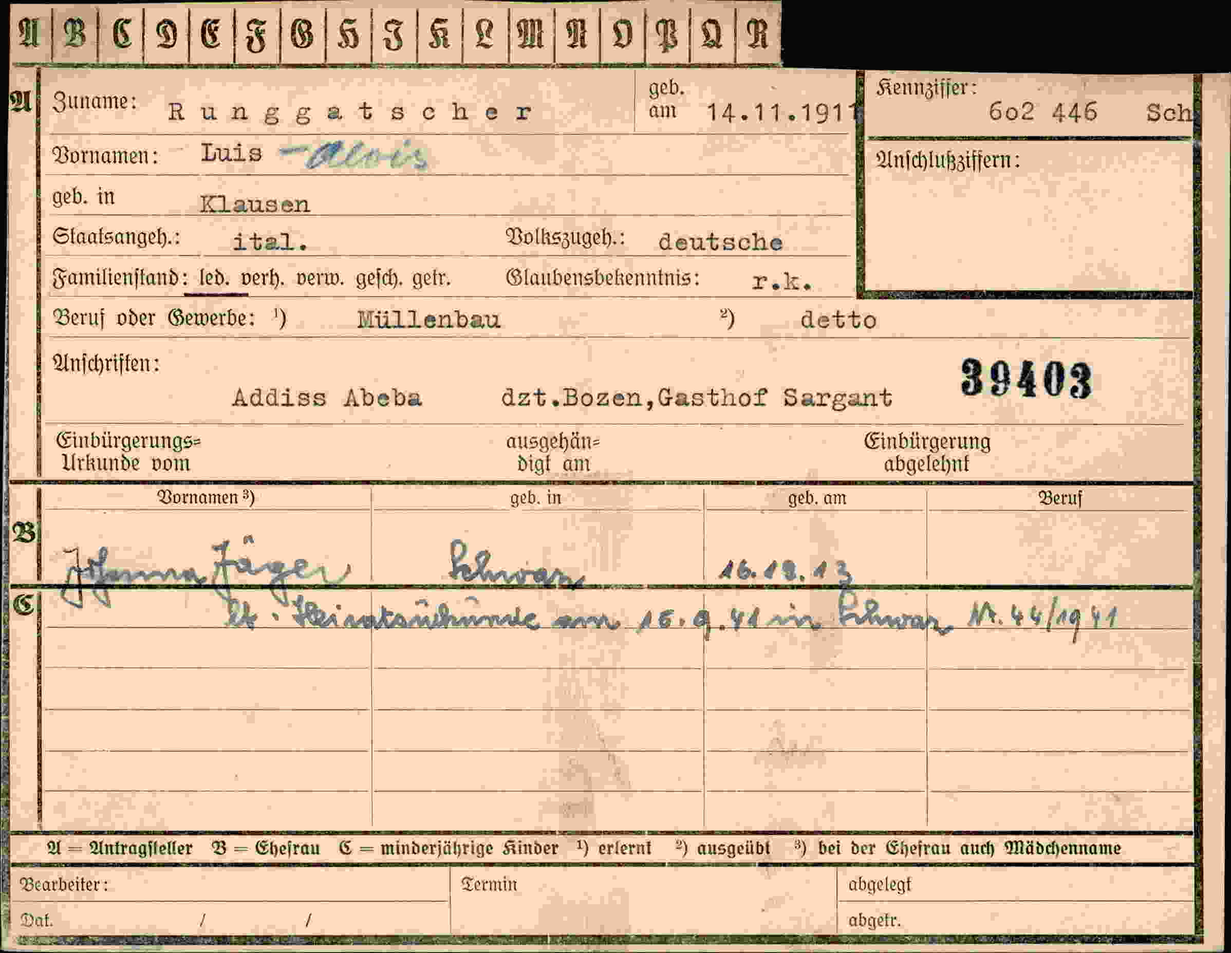 Dokument für Alois Runggatscher