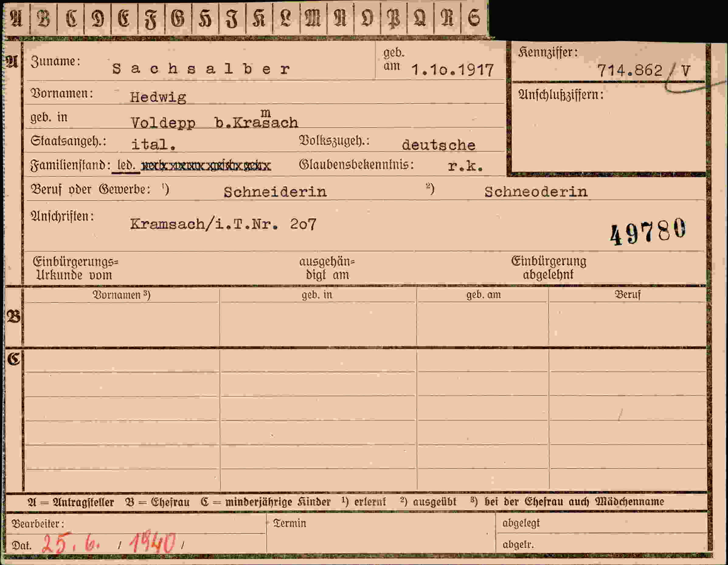 Dokument für Hedwig Sachsalber