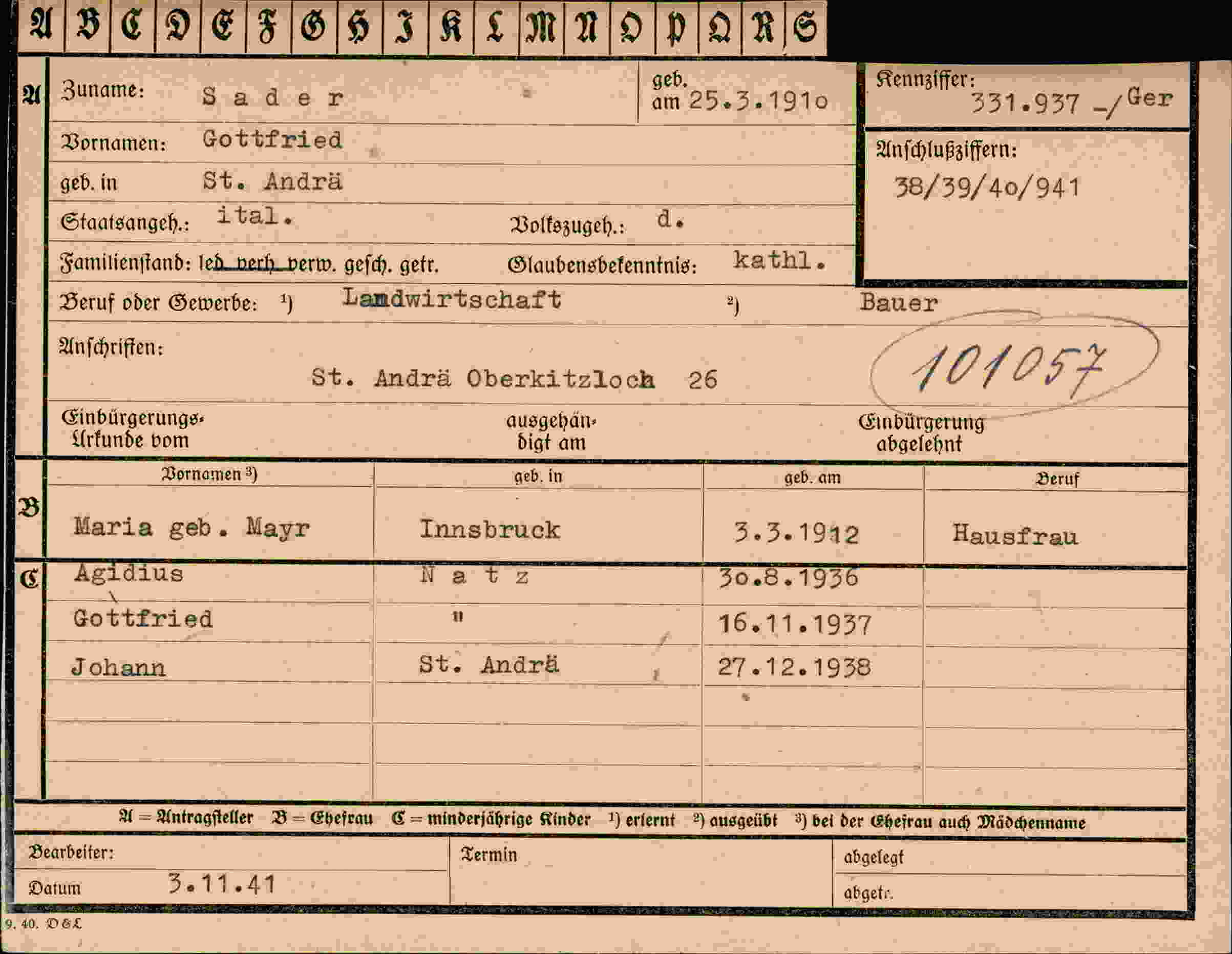 Dokument für Gottfried Sader