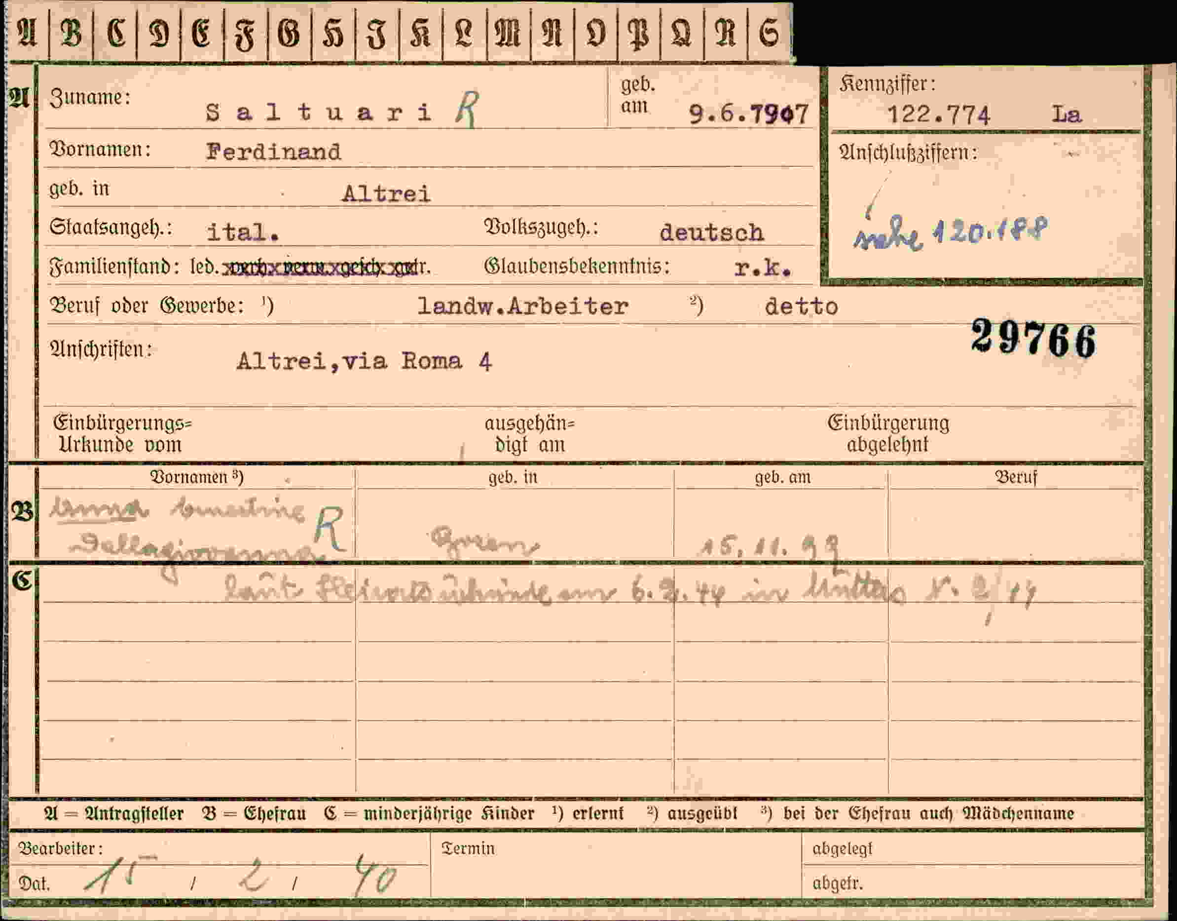 Dokument für Ferdinand Saltuari