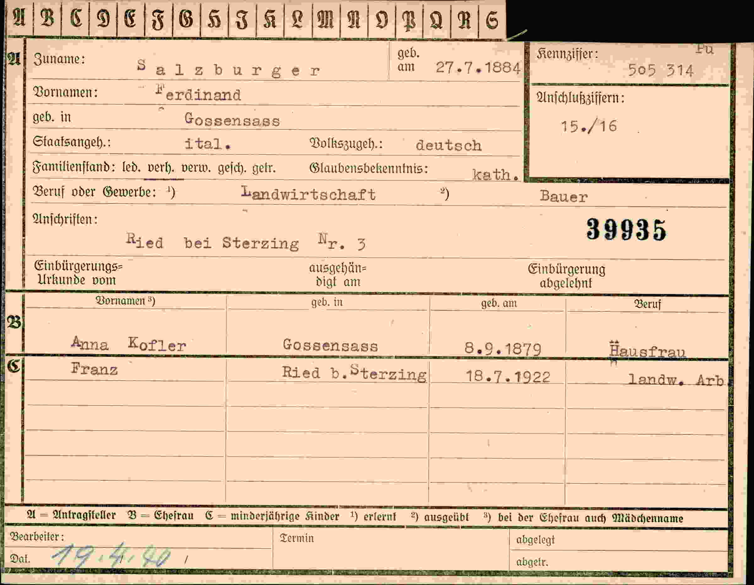 Dokument für Ferdinand Salzburger