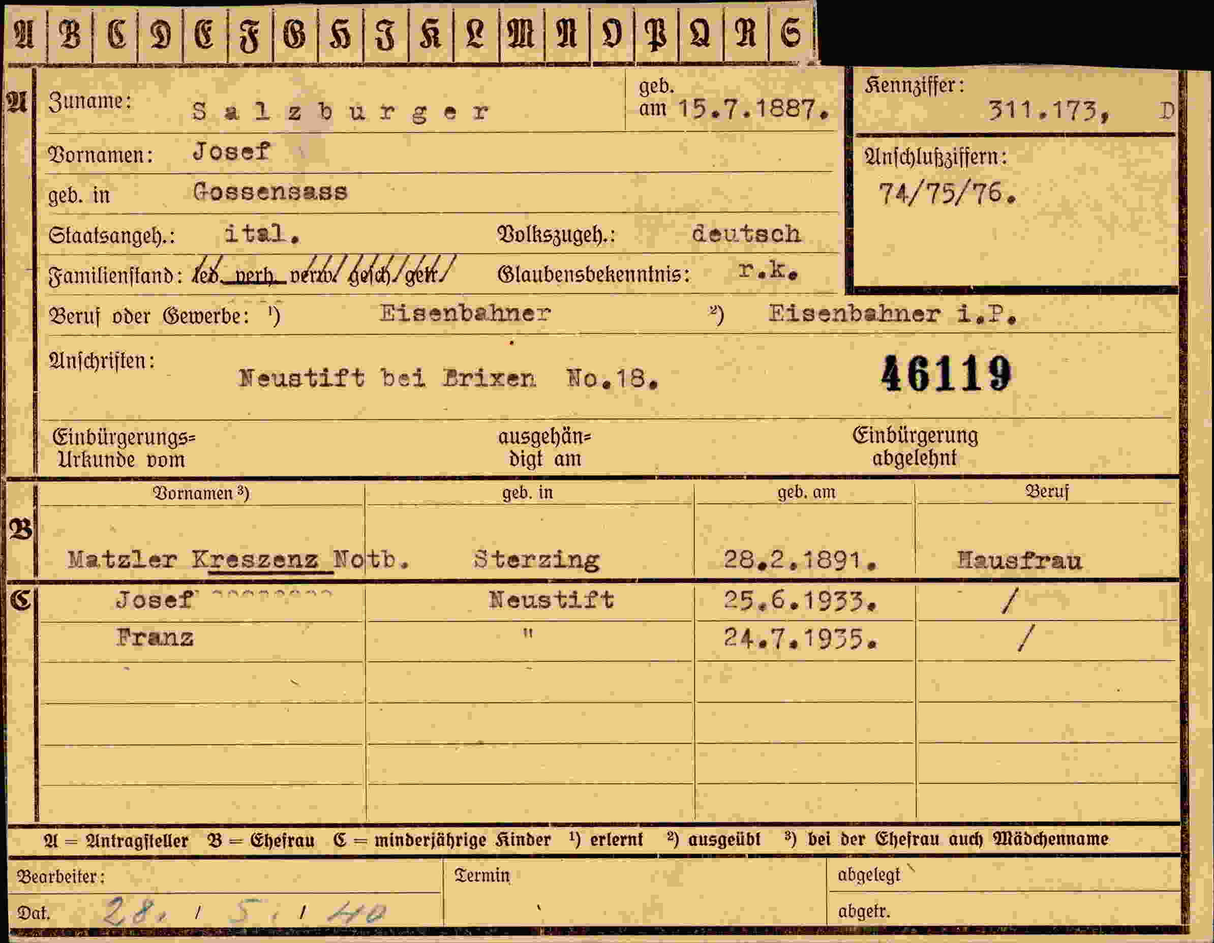 Dokument für Josef Salzburger