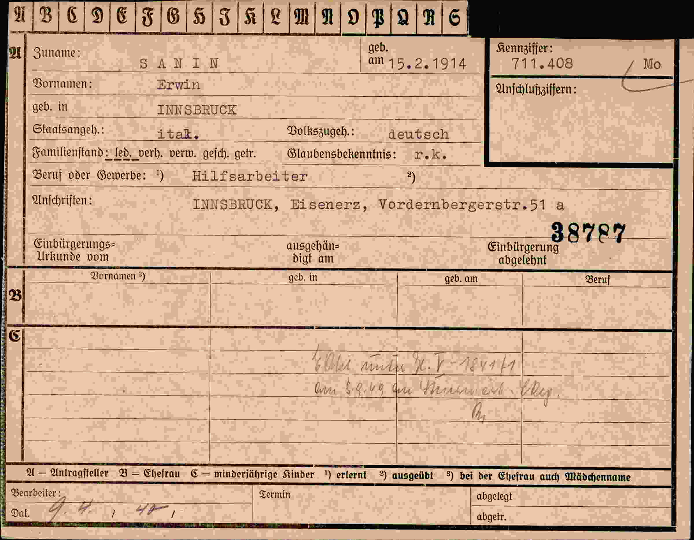 Dokument für Erwin Sanin